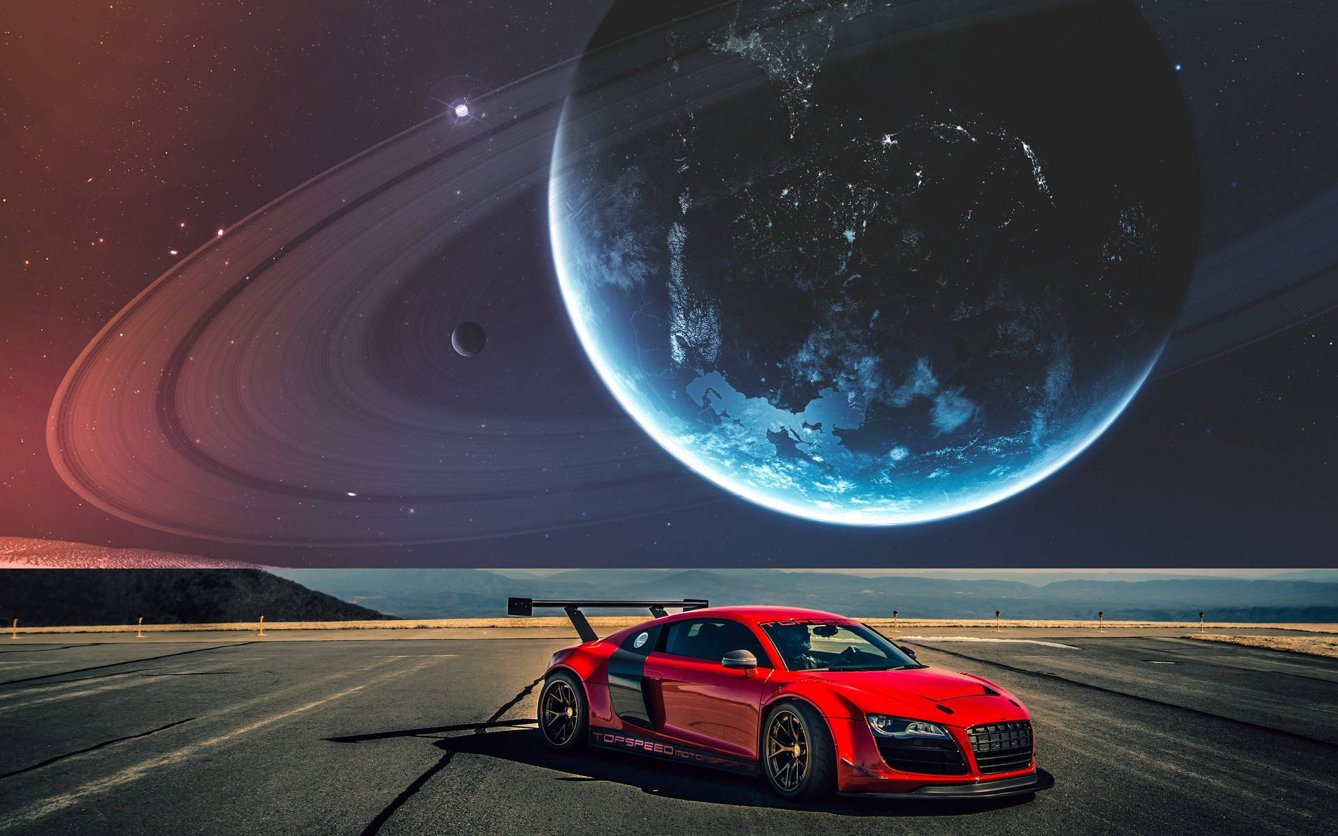 紅色跑車停在沙漠公路上，下方是巨大行星和星星。