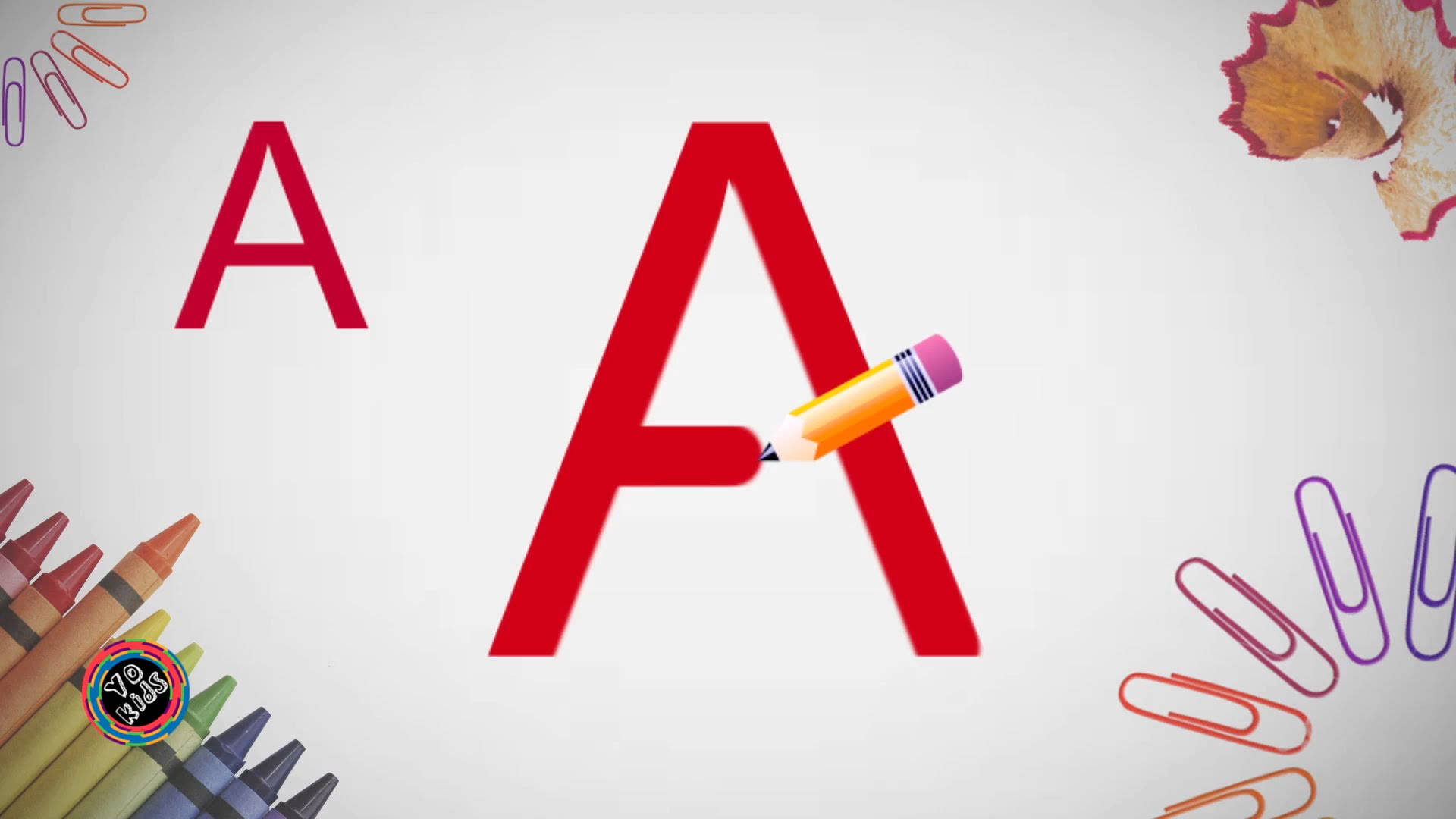 紅色字母A 壁紙 — 一個大膽的紅色字母A，由鉛筆繪製，周圍有蠟筆和迴紋針，背景為白色。