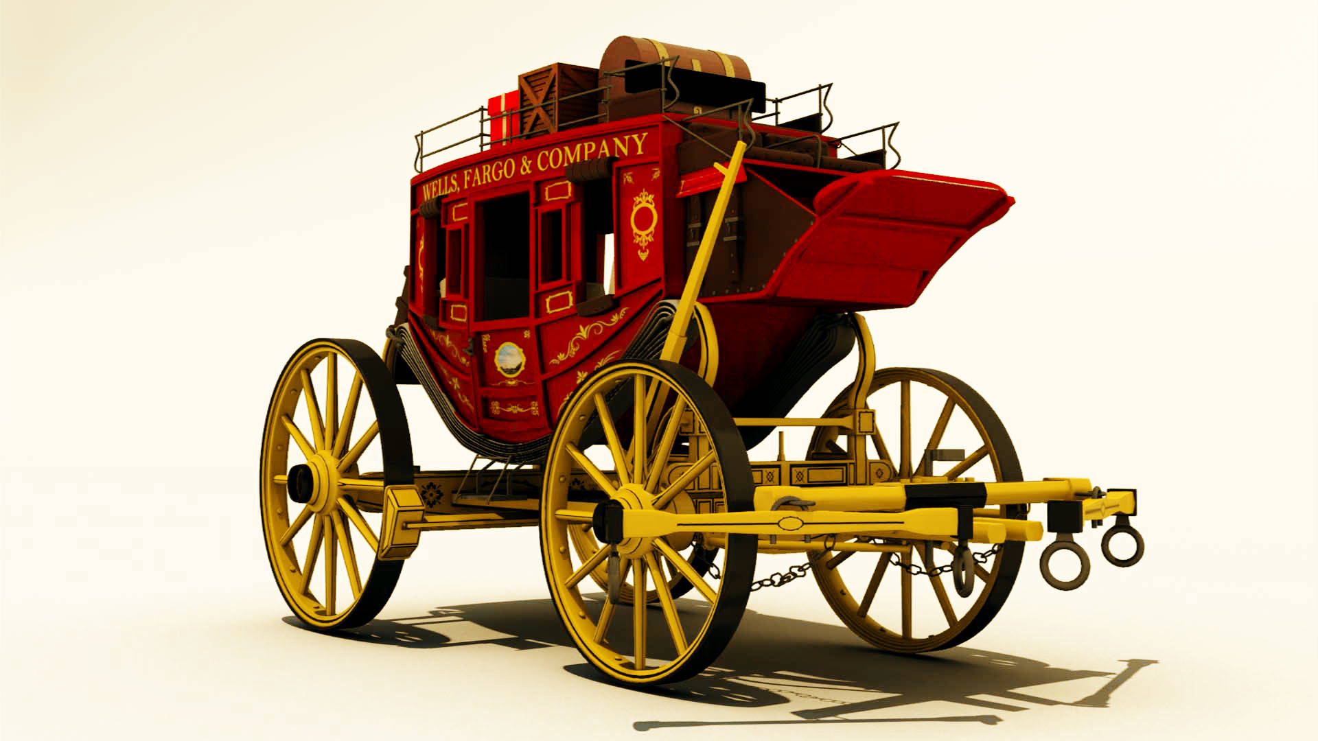 復古 Wells Fargo 驛馬車，紅色車身和金色車輪