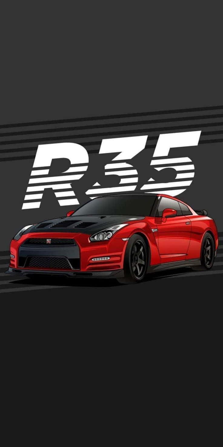 紅色日產GT-R R35跑車，帶有黑色飾邊和白色R35標誌，背景為深灰色。