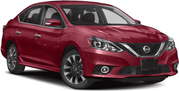 紅色尼桑轎車側面 壁紙 — 一輛光澤的紅色日產房車以四分之三視角顯示在透明背景上，帶有微妙的陰影。