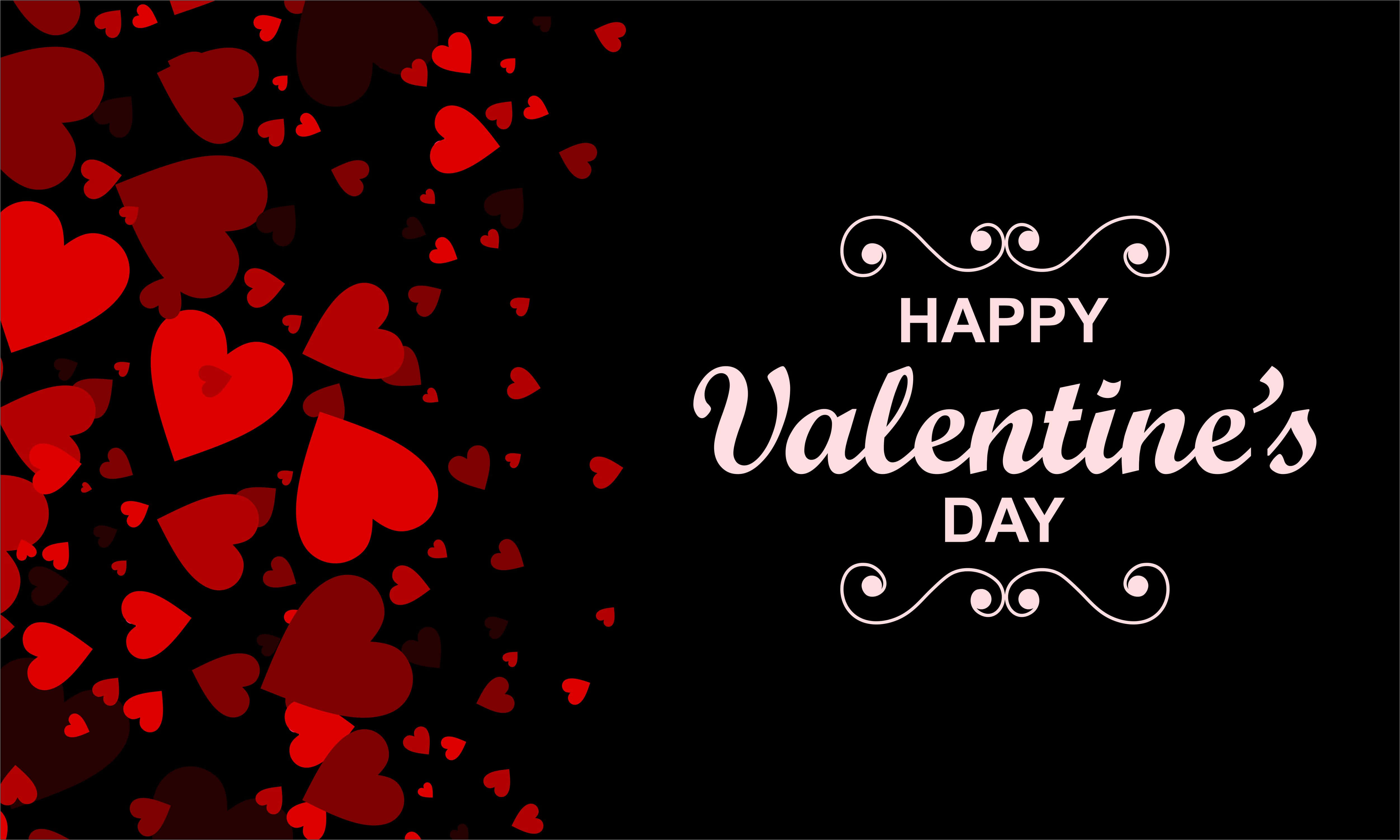 Happy Valentines Day 桌布 壁紙 — 紅色心形在黑色背景上層疊，旁邊是優雅的白色情人節文字。