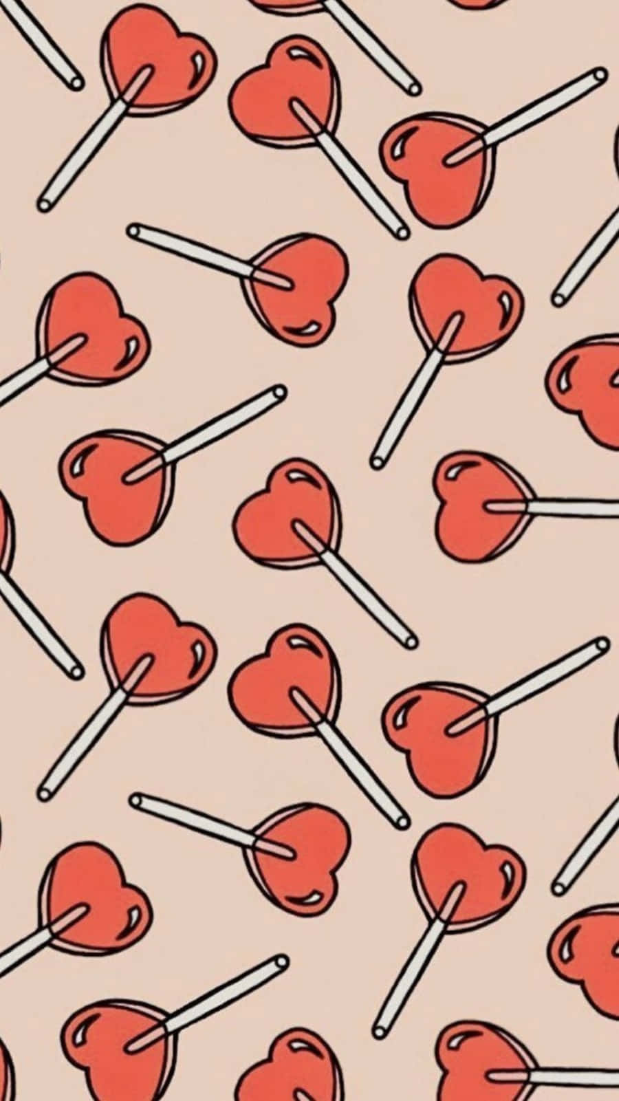 Cartoon Heart 桌布 壁紙 — 紅色心形棒棒糖配白色棒，散落在柔軟的米色背景上，形成俏皮的重複圖案。