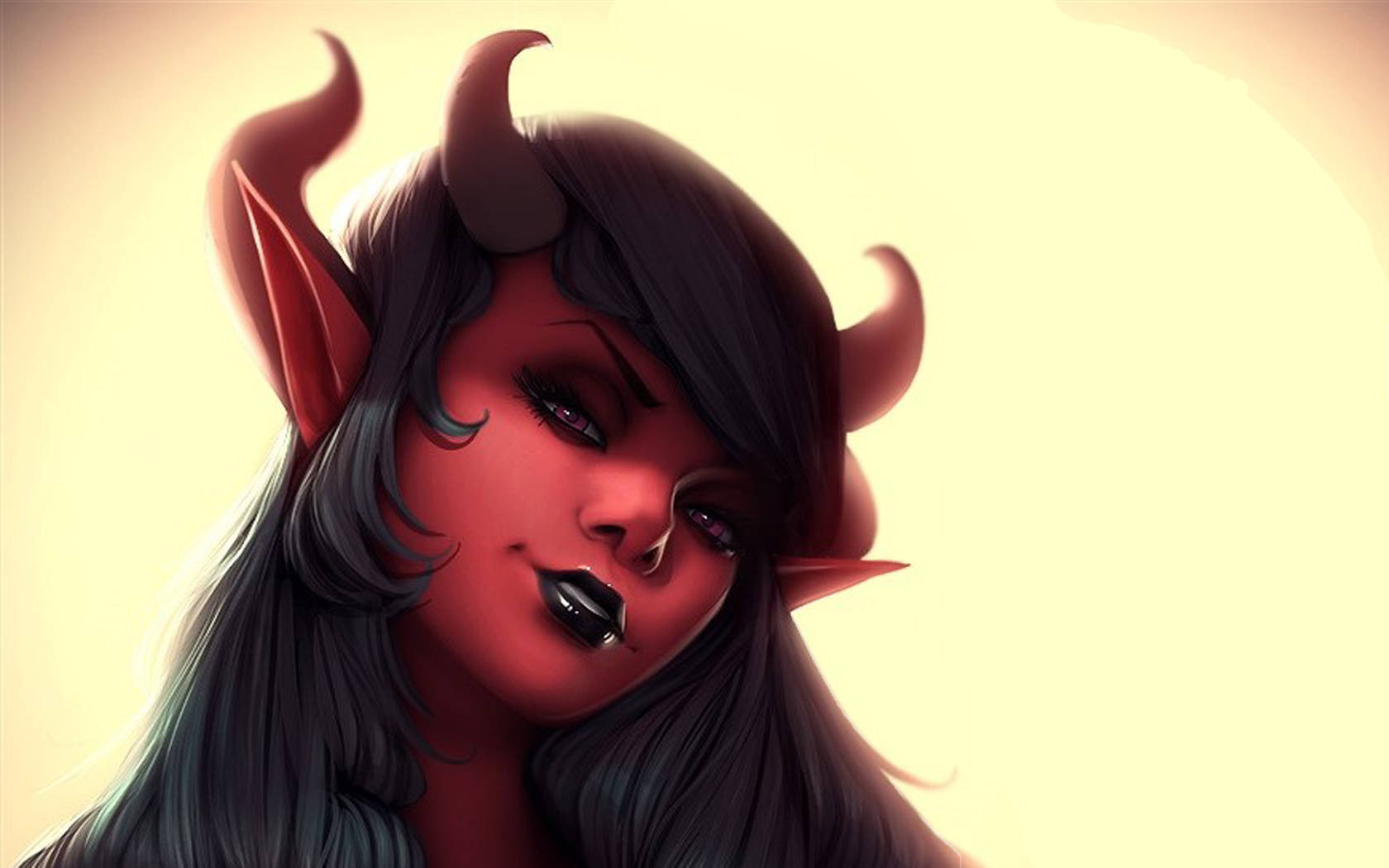 紅色惡魔魅魔 壁紙 — 一個風格化的惡魔女性，擁有紅色角和尖耳朵，在溫暖發光的背景下溫柔地凝視。