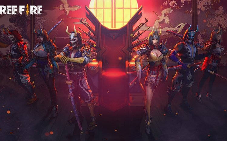 六個動漫風格的武士戰士穿著精細盔甲，在紅太陽和櫻花下持劍。