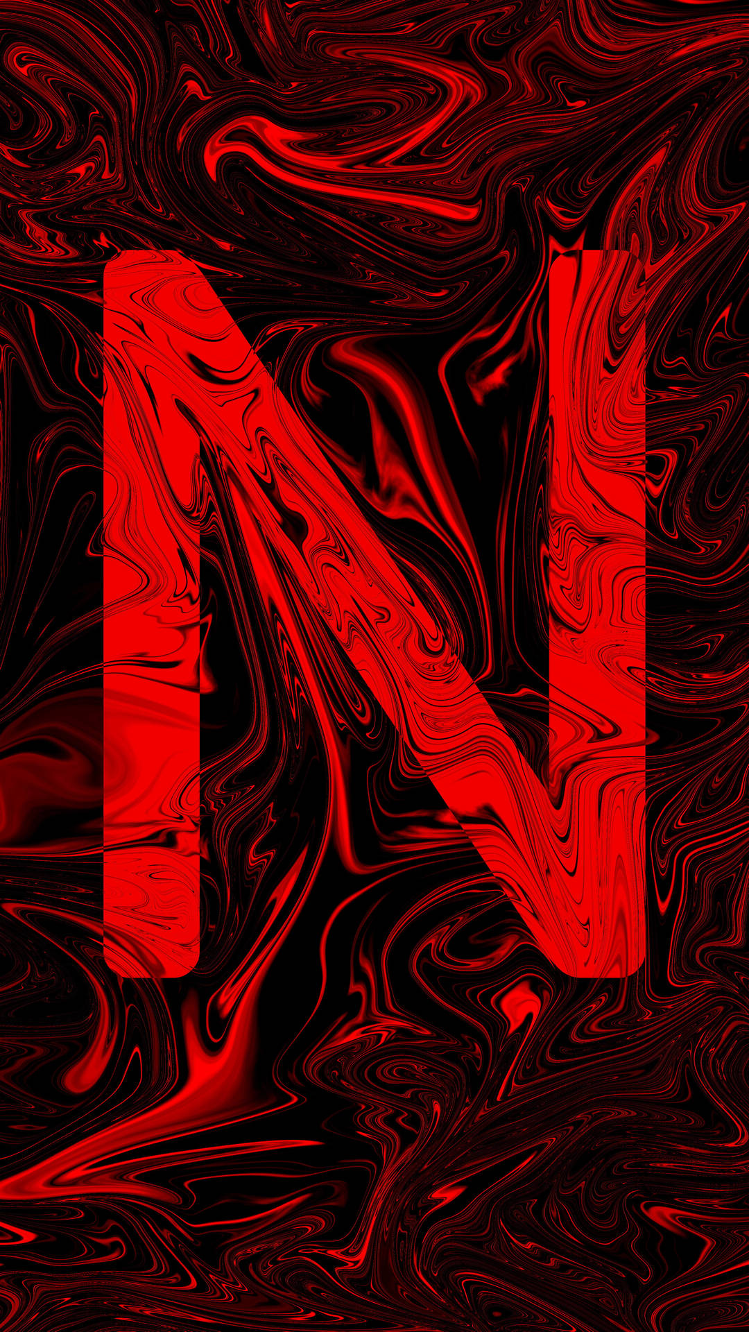 一個風格化的紅色字母N，背景是旋轉的紅色和黑色抽象圖案。