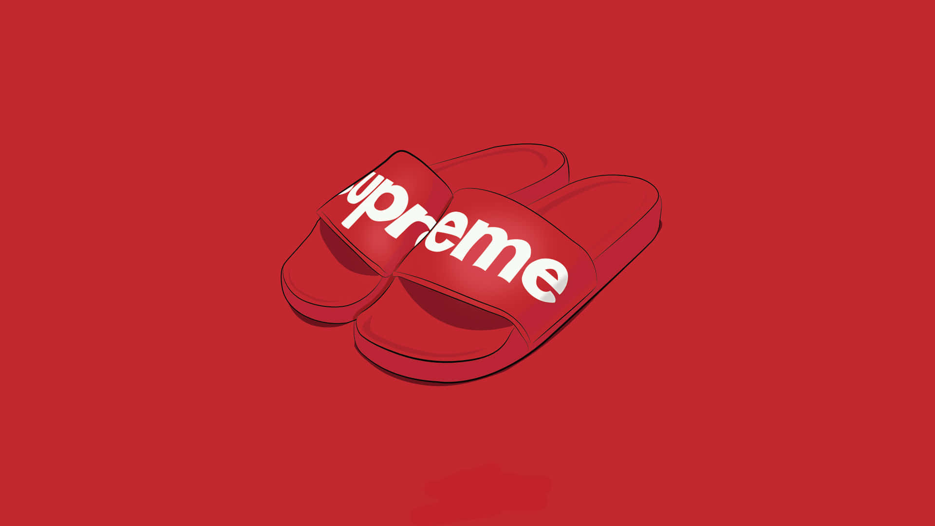 純紅色背景上的紅色Supreme品牌拖鞋。
