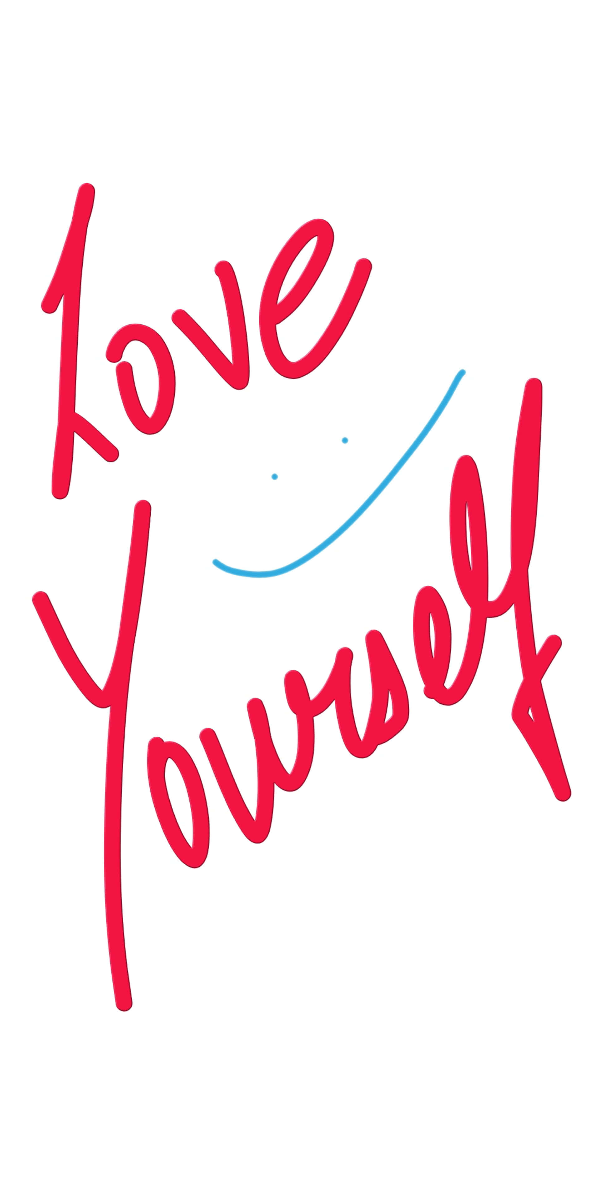 love yourself 桌布 壁紙 — 紅色斜體文字顯示「Love Yourself」，並在「Yourself」上方有一個藍色笑臉，背景為純白色。