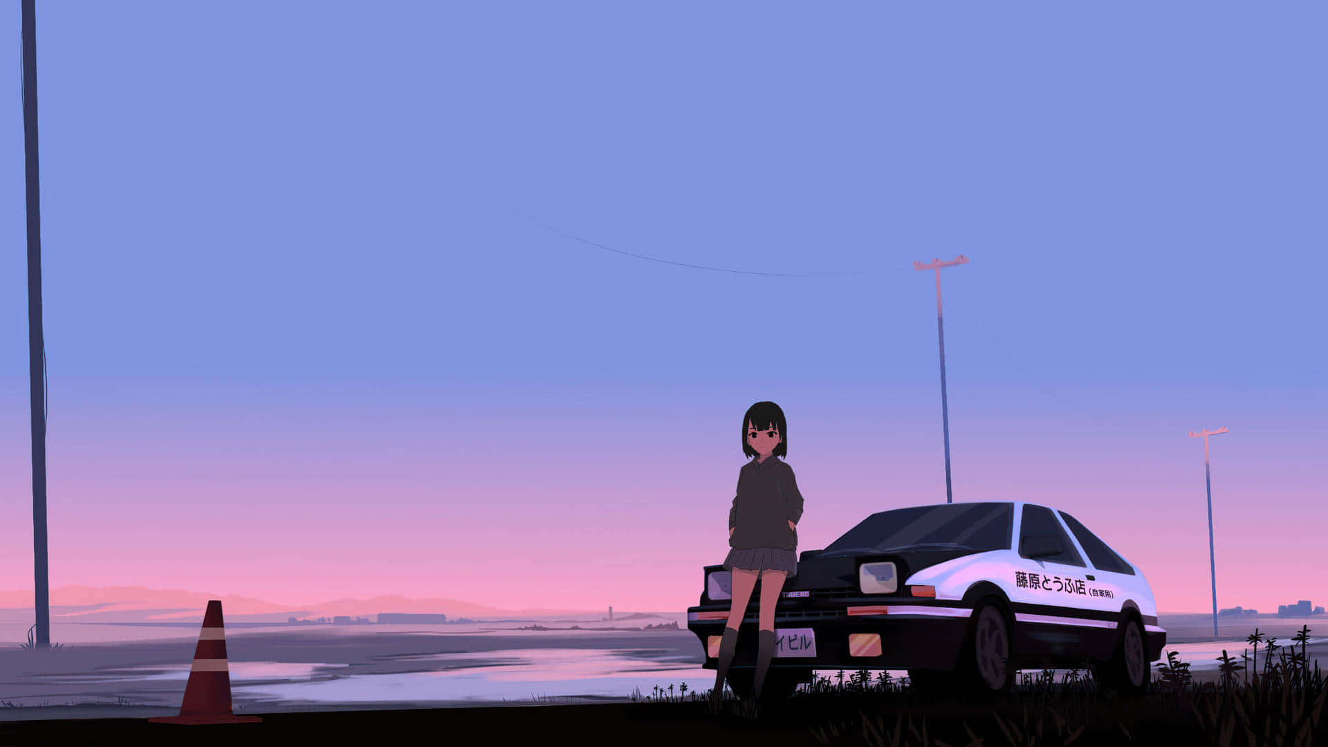 動漫女孩在AE86車旁，黃昏時分粉紅和藍色天空 — 動漫車 壁紙