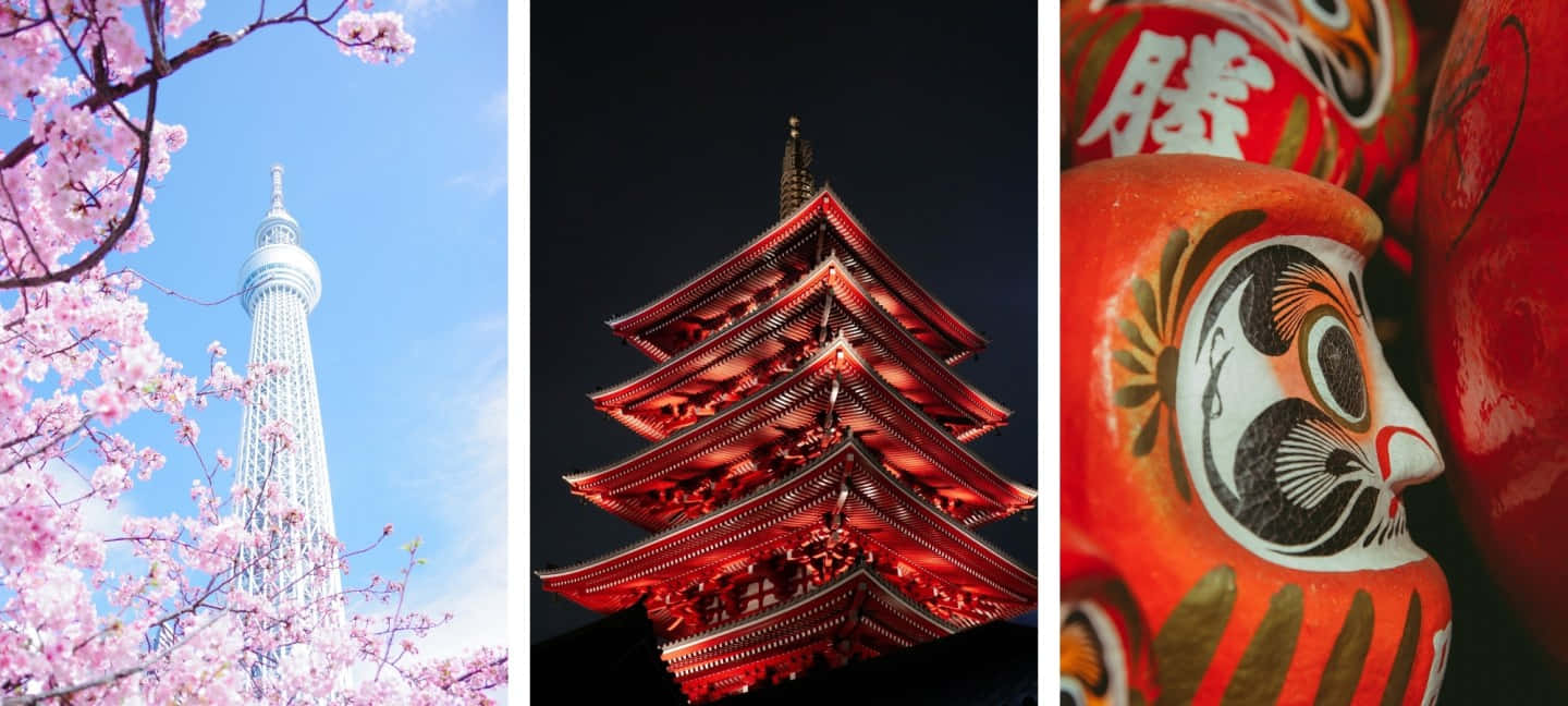 紅色日本鯉魚在湖中悠遊 壁紙 — 櫻花在藍天下框住東京鐵塔，旁邊有一座發光的紅色寶塔和鮮紅色的達摩娃娃。