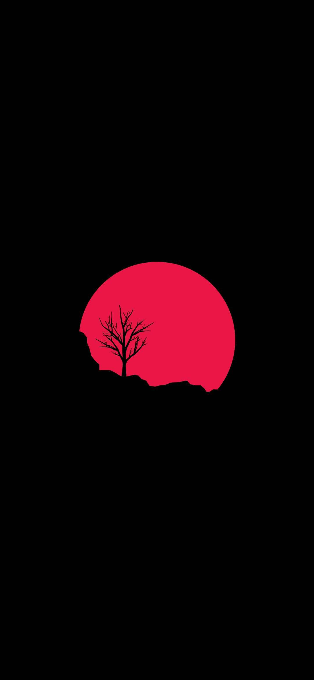 紅色日落極簡暗黑 iPhone 壁紙 — 一棵光禿禿的樹的清晰剪影，在黑色虛空前，立於一個鮮紅色的圓形太陽之前。