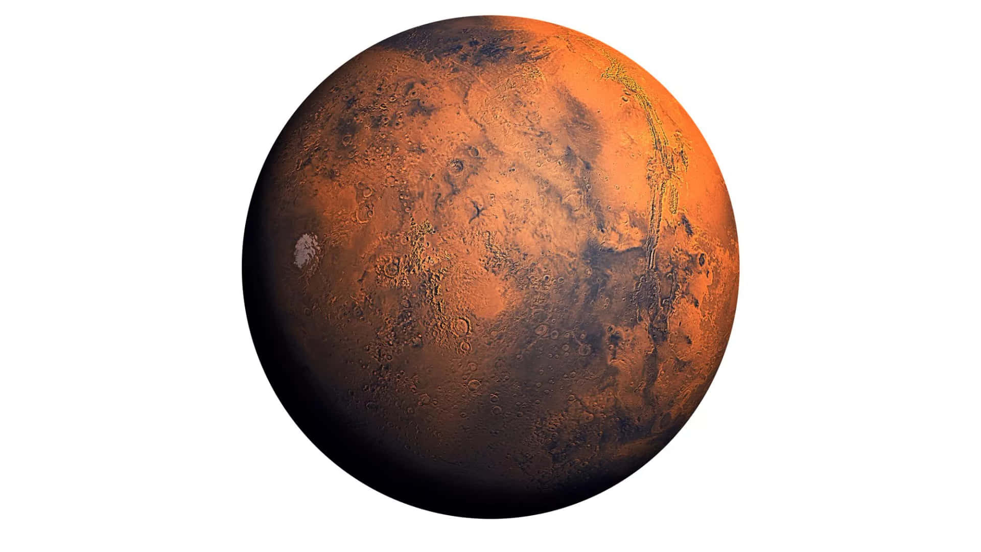 火星表面隕石坑和極地冰蓋的孤立顯示。