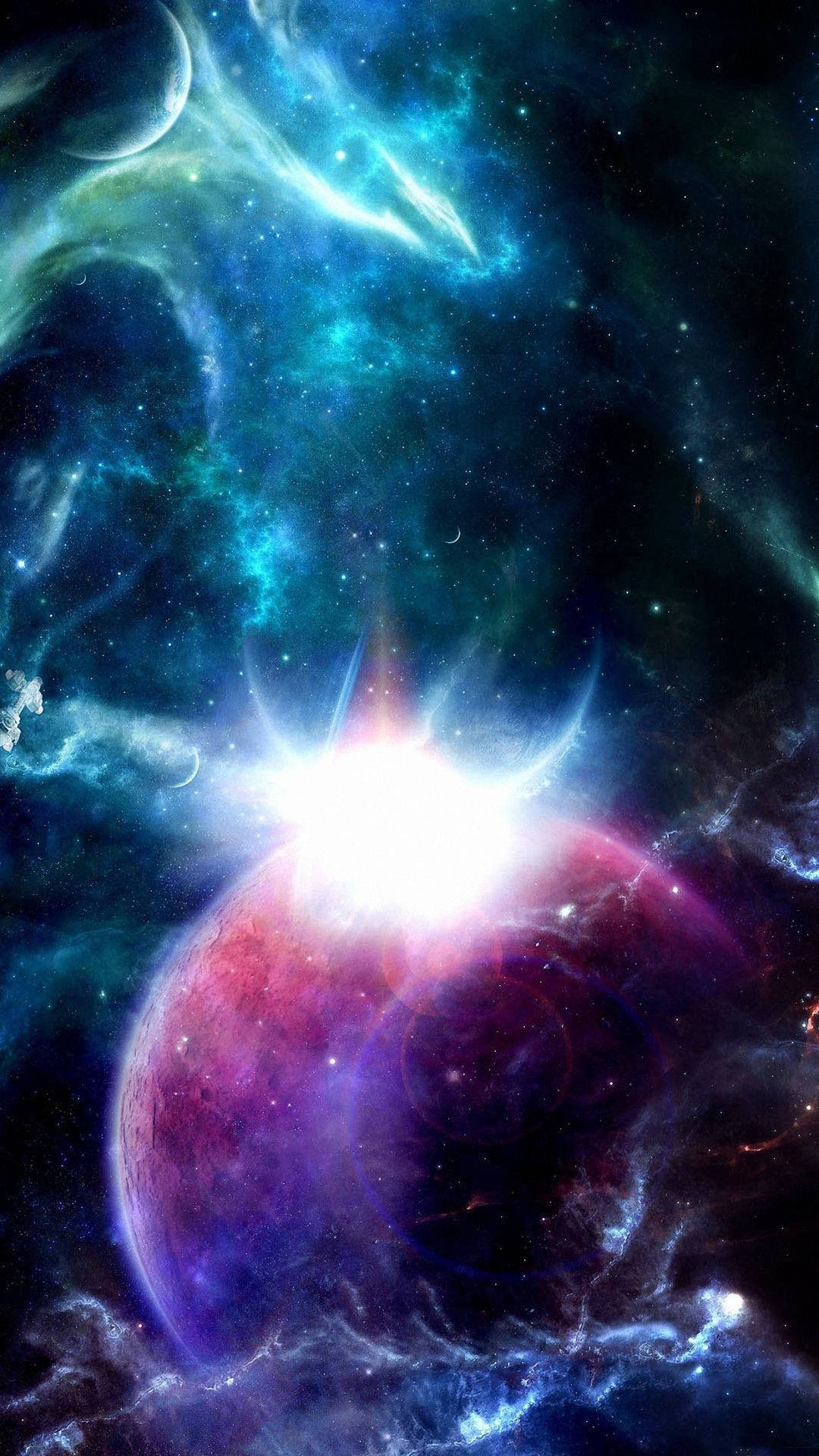紅色星球驚奇手機 壁紙 — 一場燦爛的宇宙爆炸照亮了旋轉的星雲和一顆發光的行星，背景是星場。