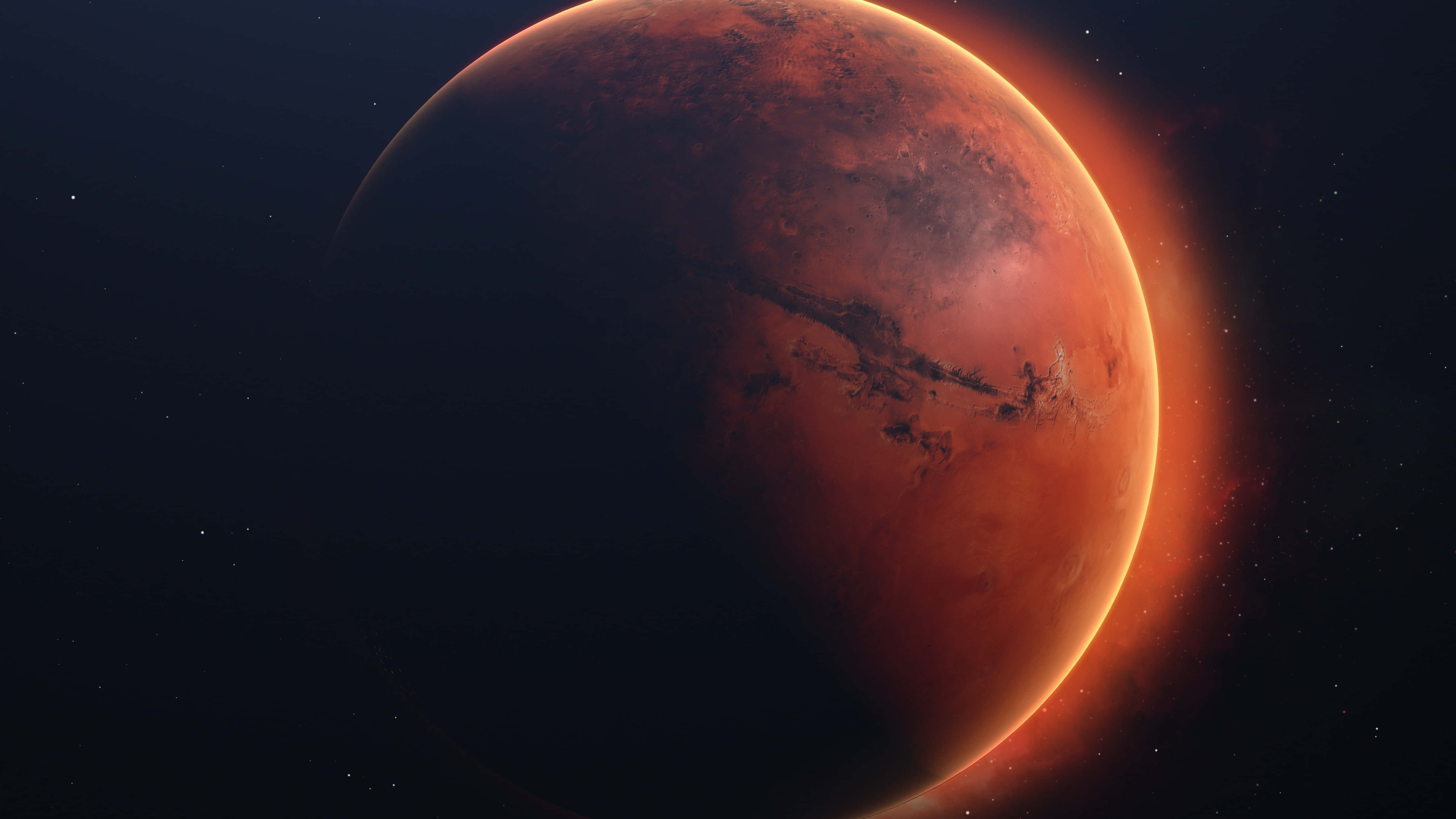 紅色星雲的宇宙奇景 壁紙 — 令人嘆為觀止的火星景色，在繁星點點的黑色天空中閃耀著橙色邊緣。