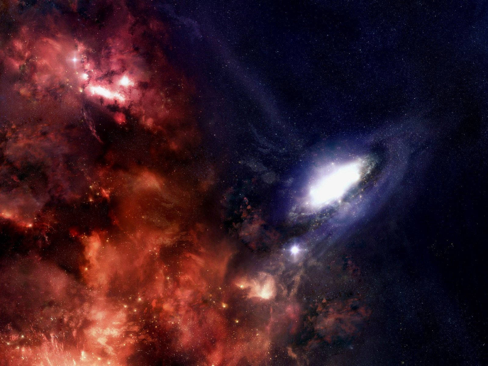 在深空中，一個發光的螺旋星系旁邊是熾熱的紅色星雲。