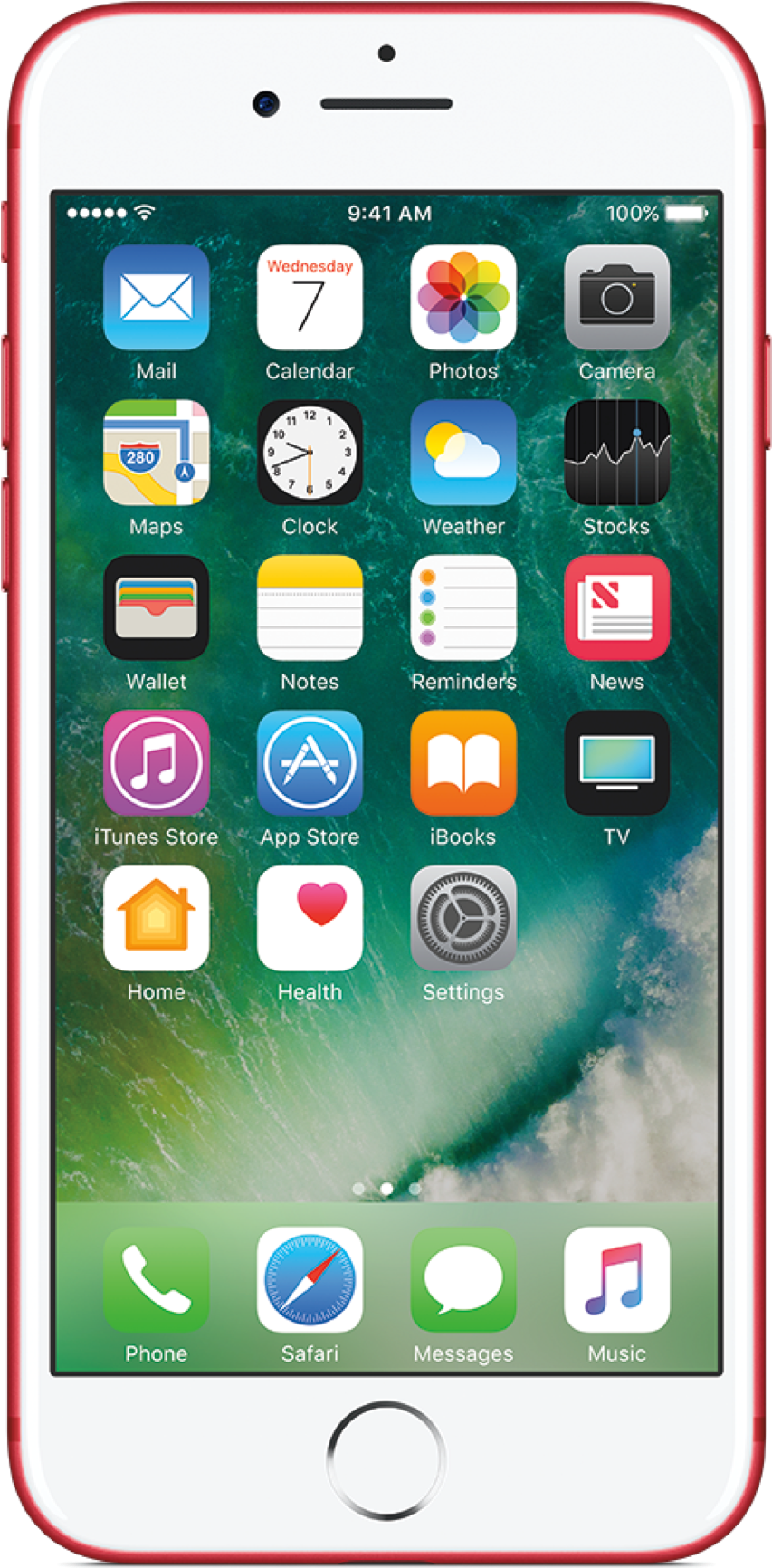 紅色智慧手機正面顯示應用圖示 壁紙 — 一部紅色iPhone在動態海浪桌布上顯示帶有應用程式圖示的主屏幕。