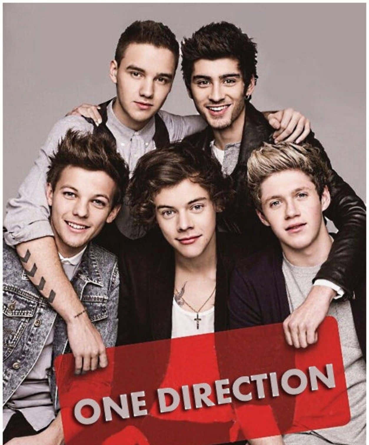 五個年輕男子拿著一個紅色標語牌，上面寫著 one direction