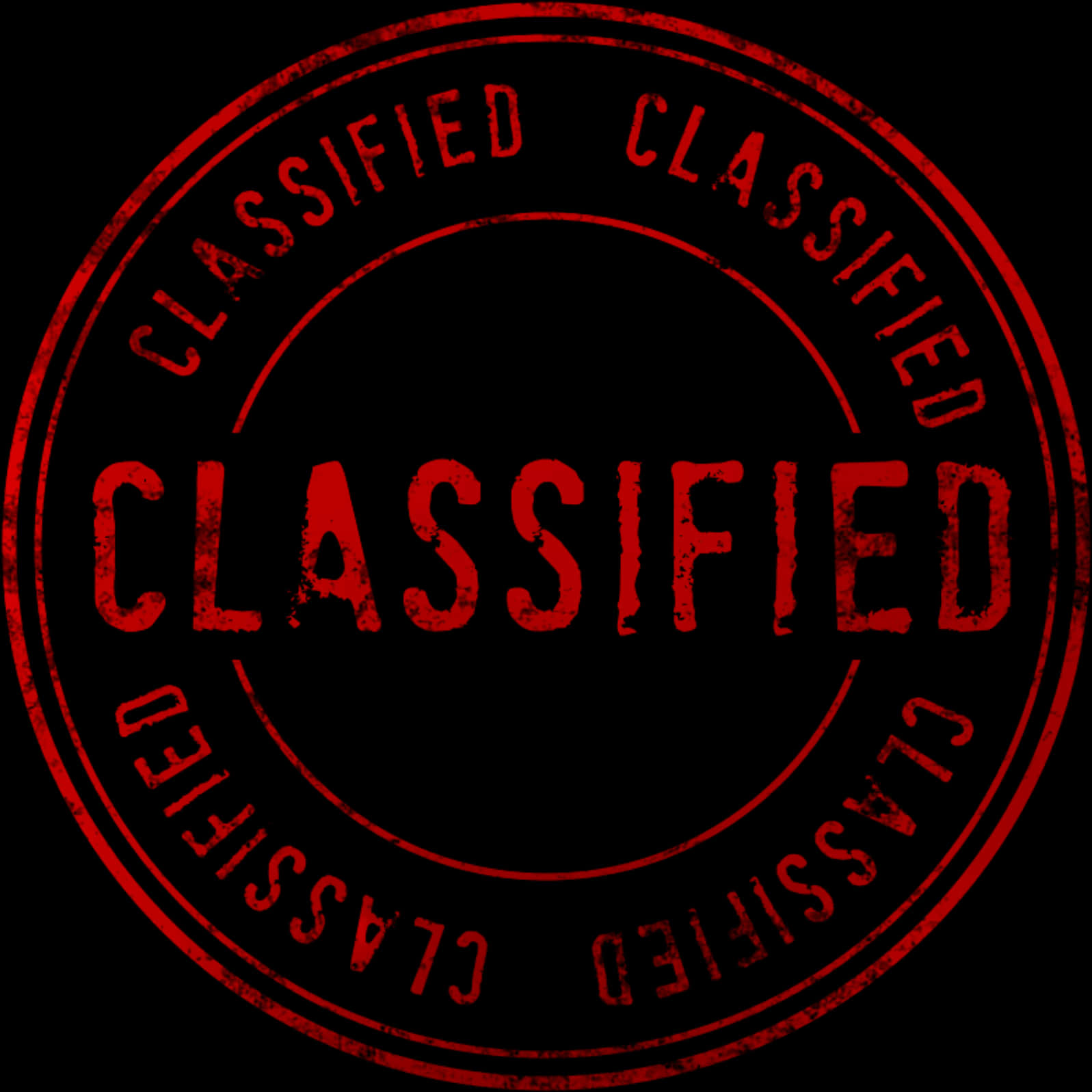 紅色機密印章 壁紙 — 一個大膽的紅色印章，上面重複著「classified」這個詞，採用磨損的圓形設計，背景為黑色。