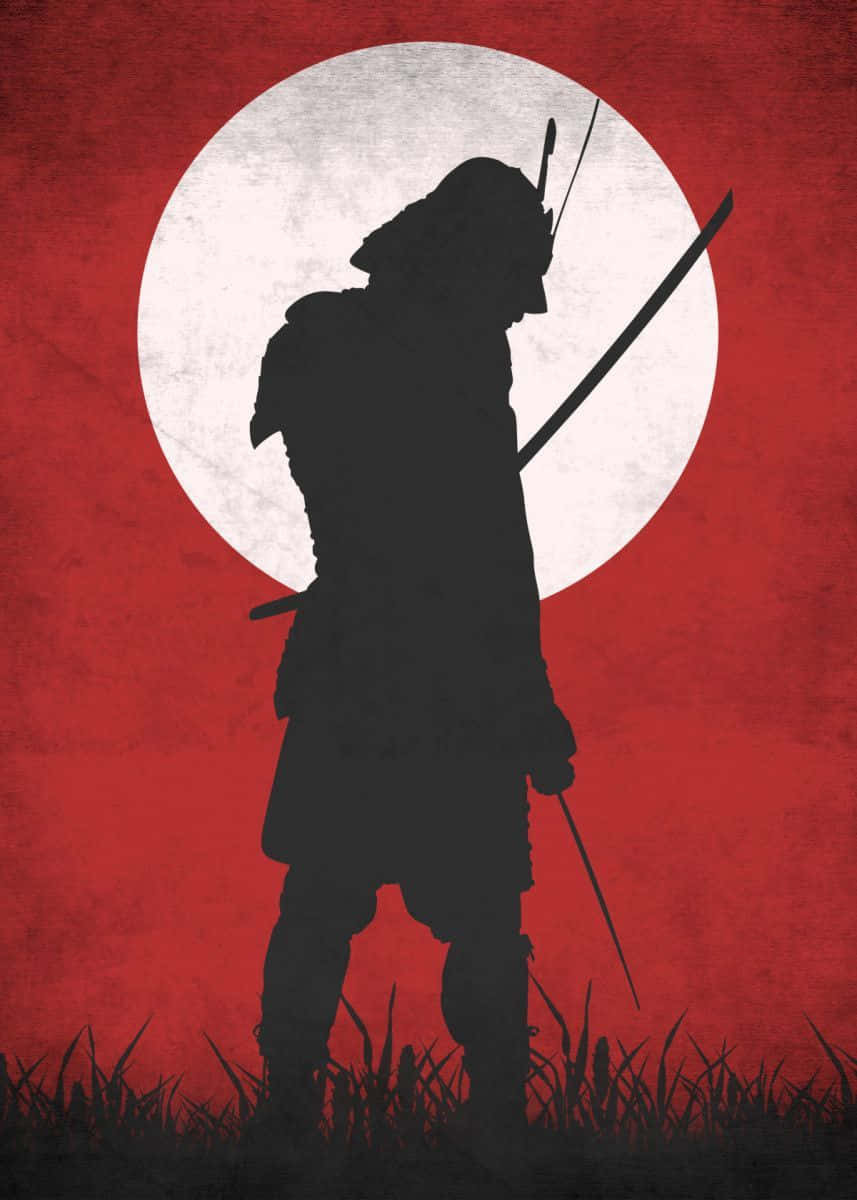武士剪影持刀，紅色背景，白色月亮。