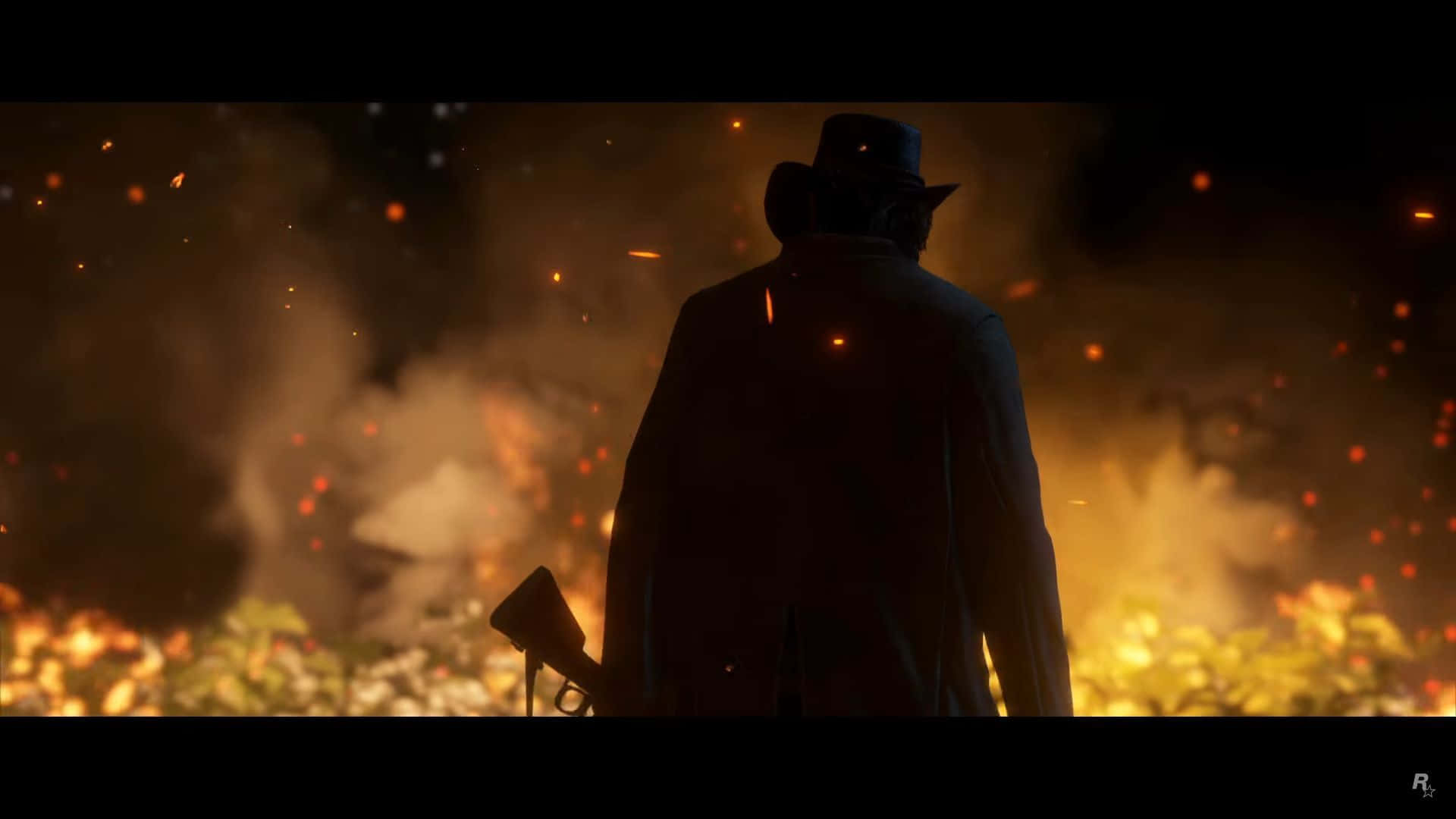 《紅色死神2》影子火焰背景 1920x1080 壁紙 — 一個孤獨的身影戴著高帽和風衣，在火花四濺的猛烈爆炸中形成剪影。