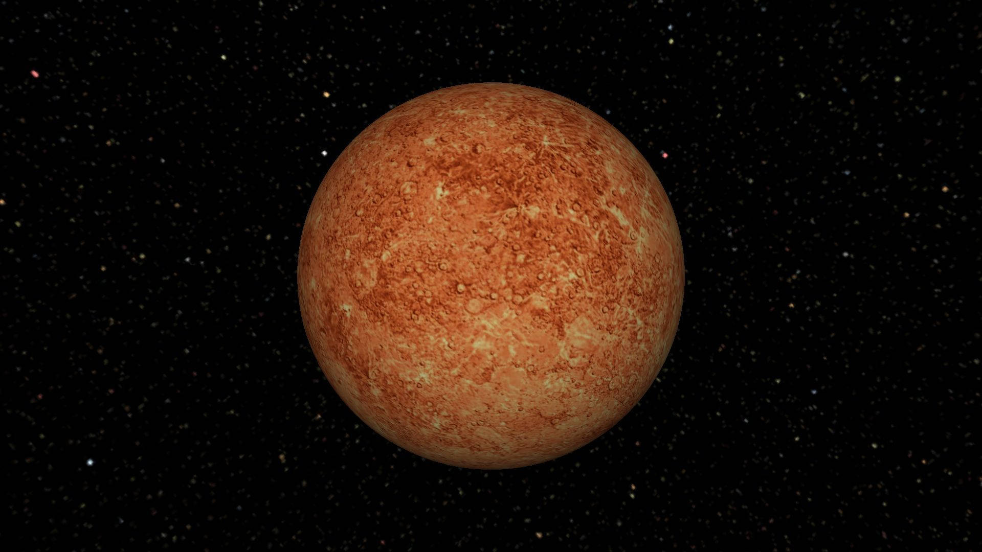 紅色水星 壁紙 — 一個帶有紋理的橙色行星，表面佈滿隕石坑，在深空的星空中漂浮。