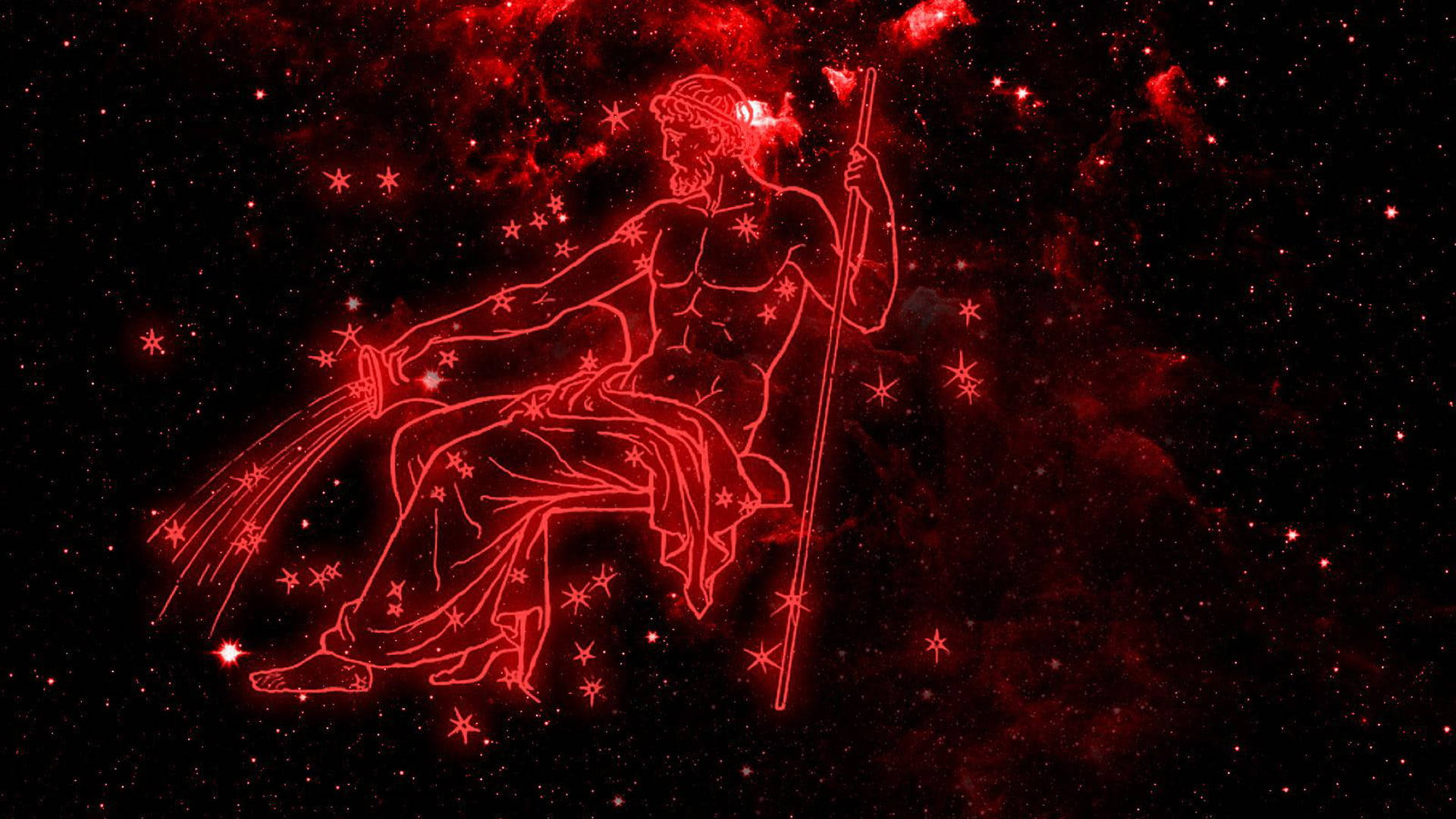 太空中一個坐著的神話人物的紅色發光星座。
