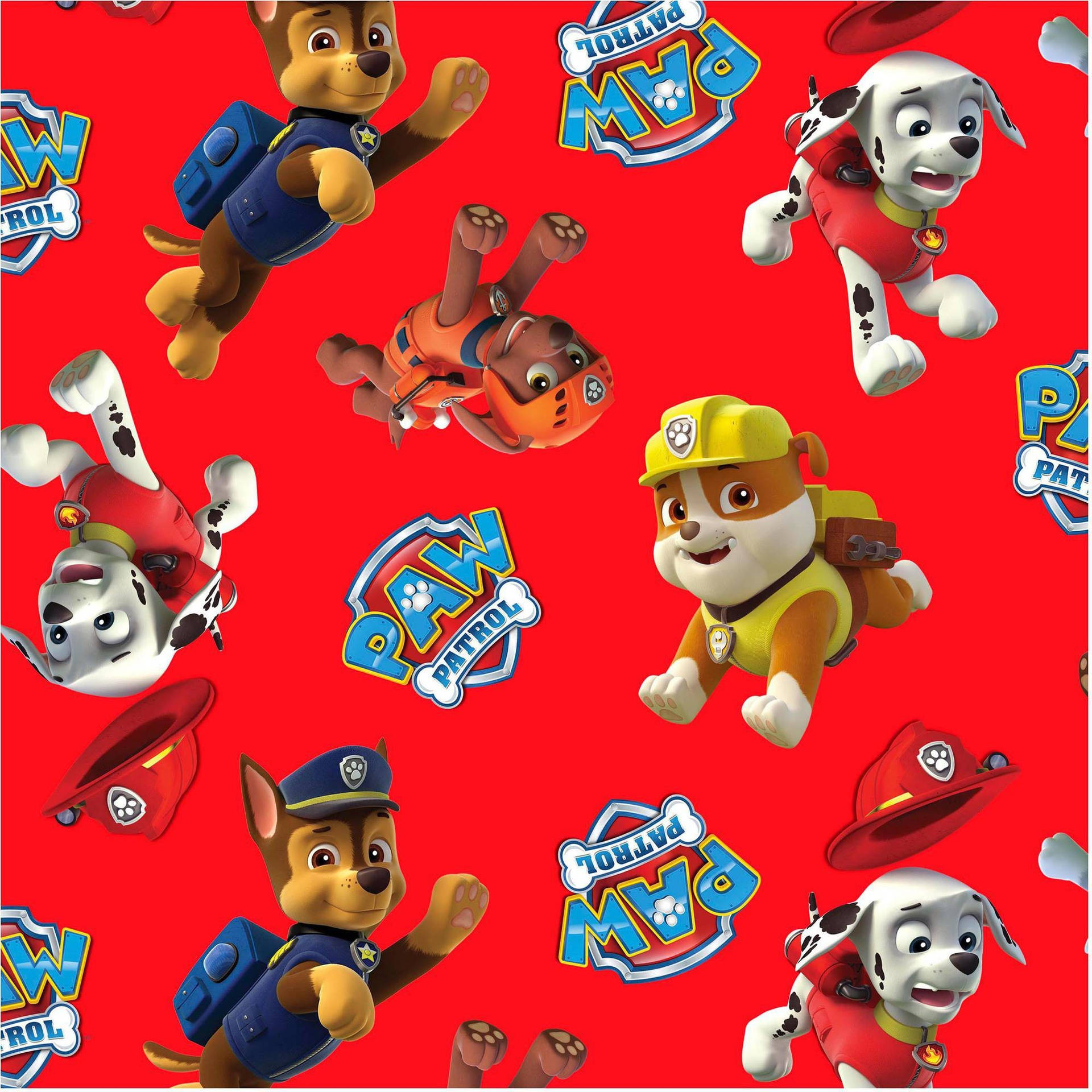 Paw Patrol 卡通角色在紅色背景上以動作姿勢呈現，帶有標誌。
