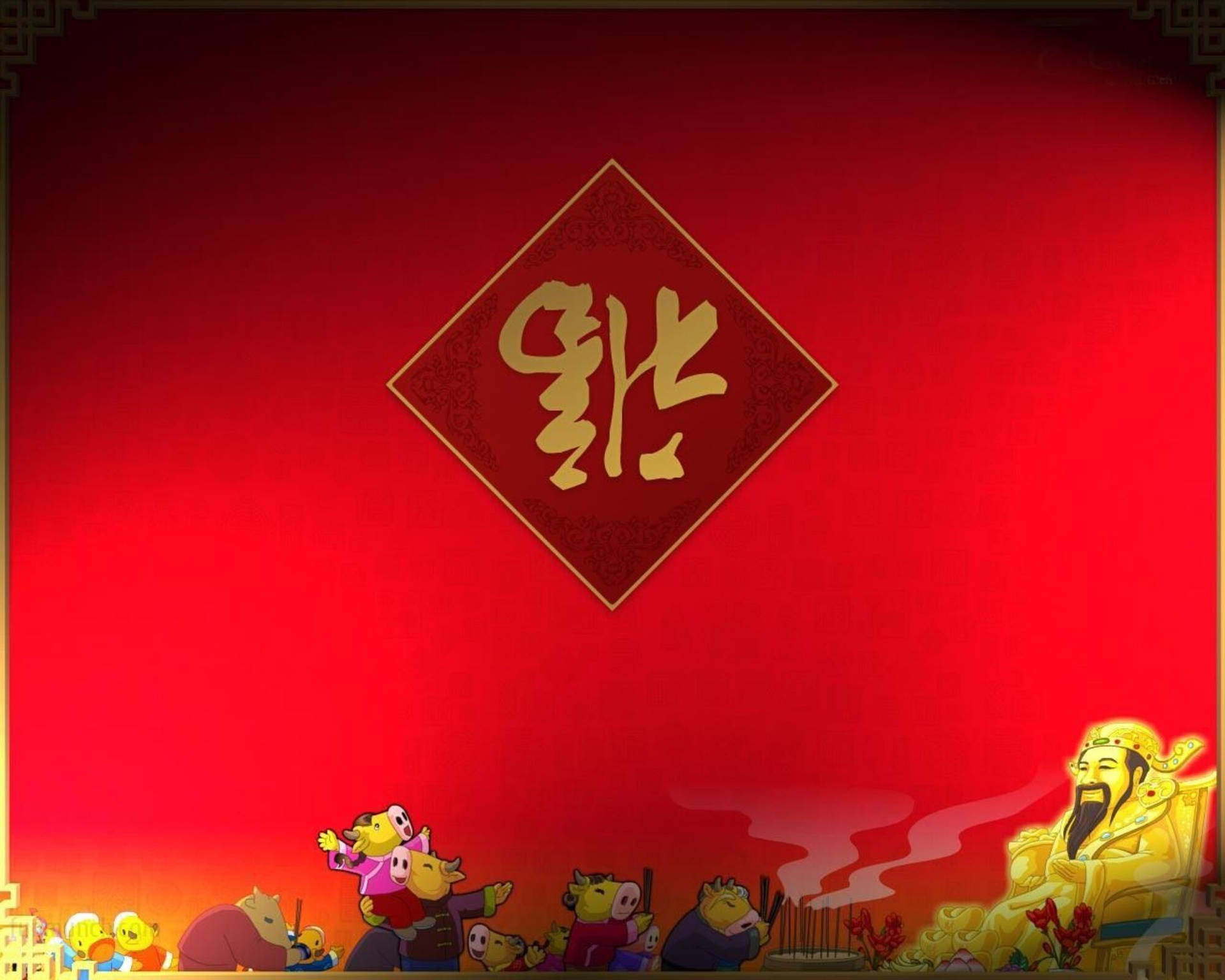 卡通豬與金色的神明和紅色背景慶祝農曆新年。