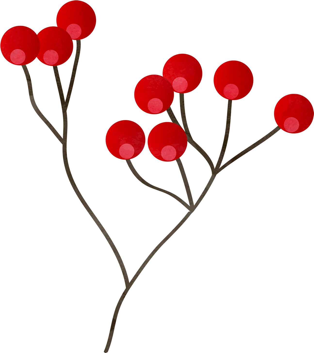紅色漿果插畫 壁紙 — 風格化的紅色漿果簇生在纖細的棕色樹枝上，襯托著 stark 的黑色背景。