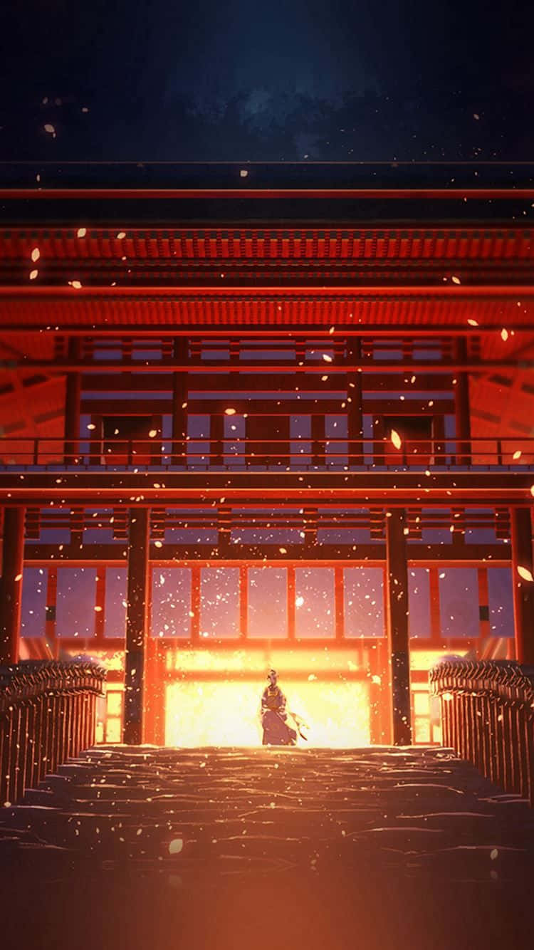 紅色火焰動漫美學 壁紙 — 夜晚，一名孤獨的武士站在發光的紅色神社前，櫻花在溫暖的光線中飄落。