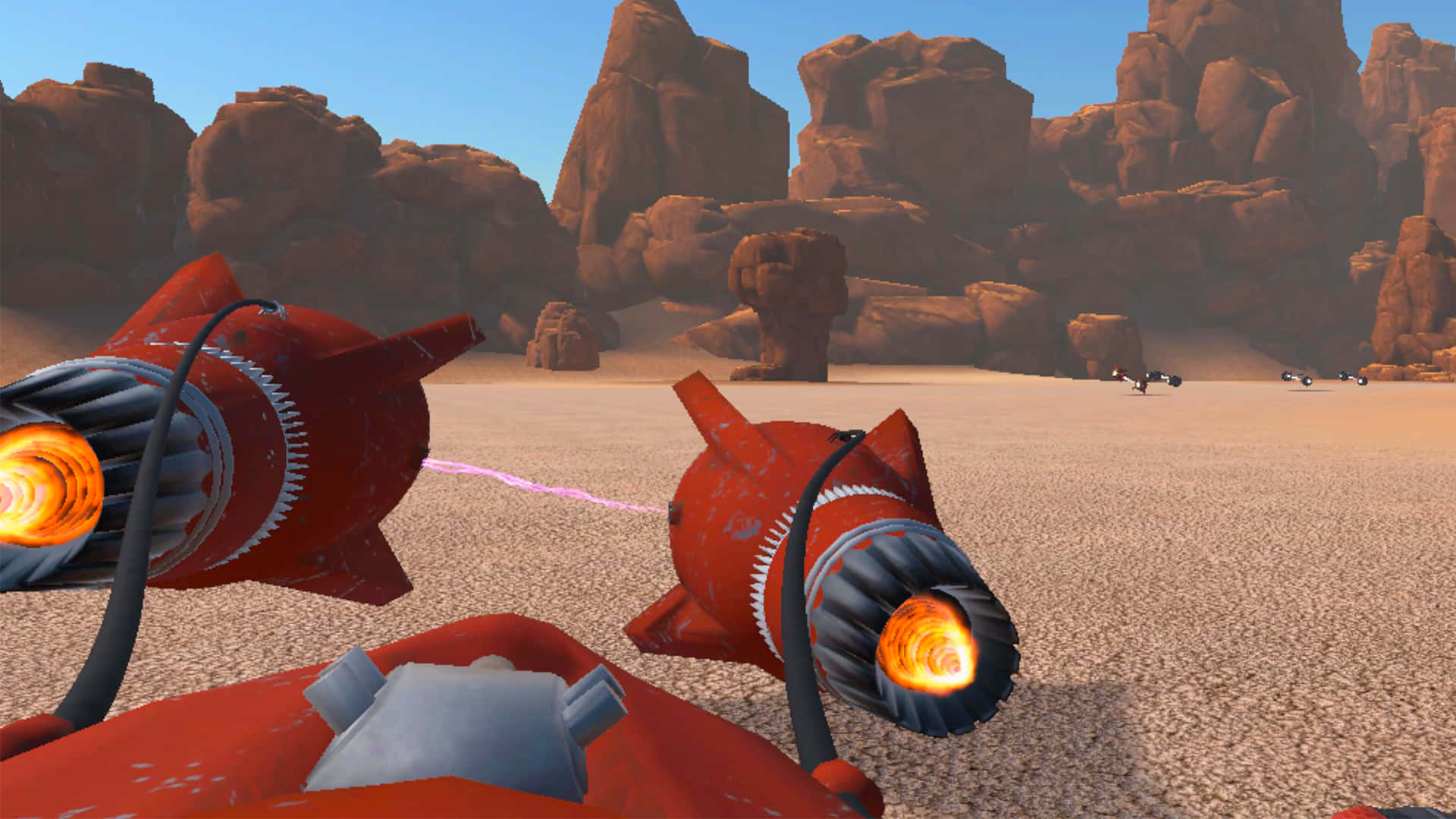 Podracing 桌布 壁紙 — 紅色火箭動力車輛以發光引擎和激光束衝過沙漠峽谷。