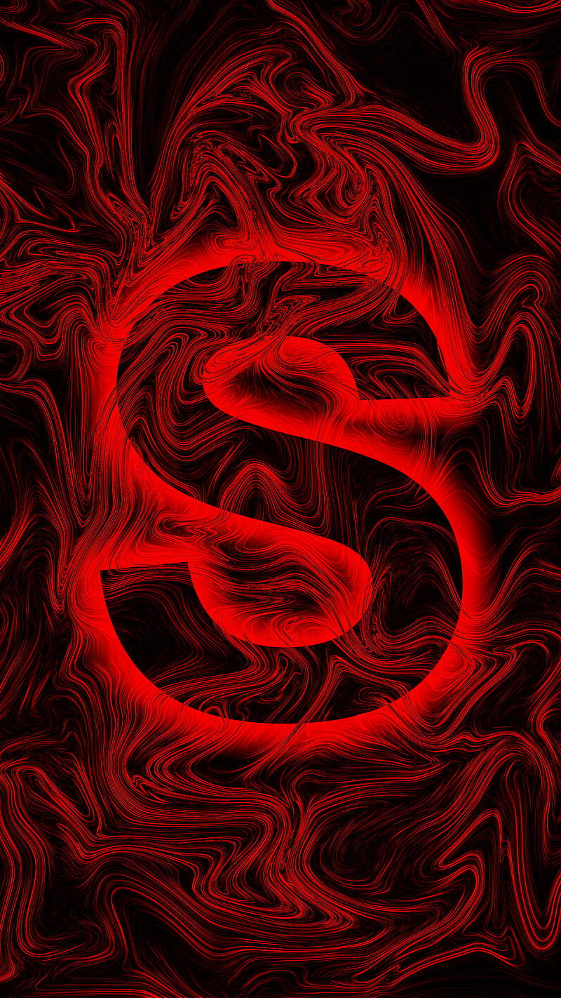 紅色旋轉S形，背景為黑色流體，帶有發光線條。 — 字母 壁紙