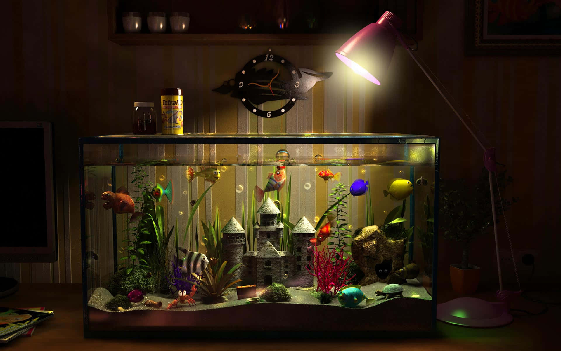 紅色燈光映照魚缸背景 壁紙 — 一個溫暖照明的魚缸，裡面有色彩繽紛的魚和城堡裝飾，放在粉紅色燈下的木桌上，位於舒適昏暗的房間。
