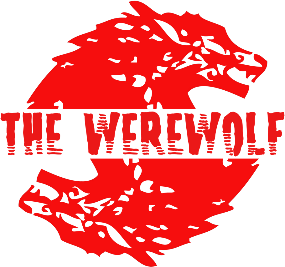 紅色狼人剪影 壁紙 — 大膽的紅色風格化狼人頭像圍繞著文字 'THE WEREWOLF'，背景為純黑色。