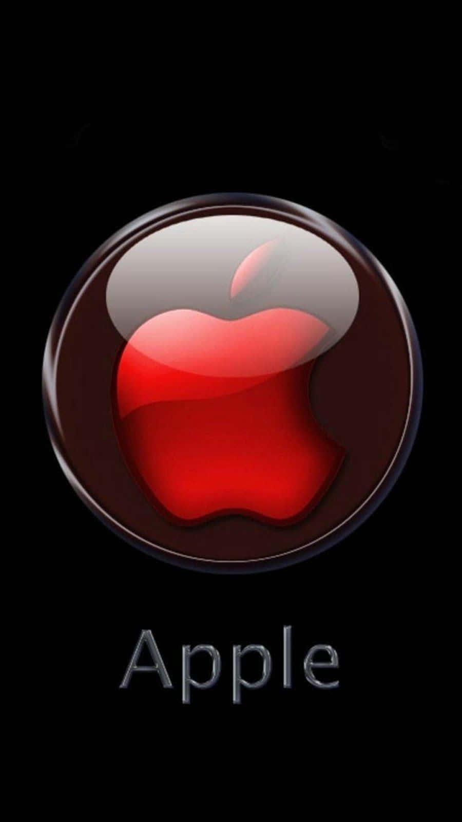 黑色背景上圓形鉻框架內的光澤紅色Apple標誌，下方有Apple文字