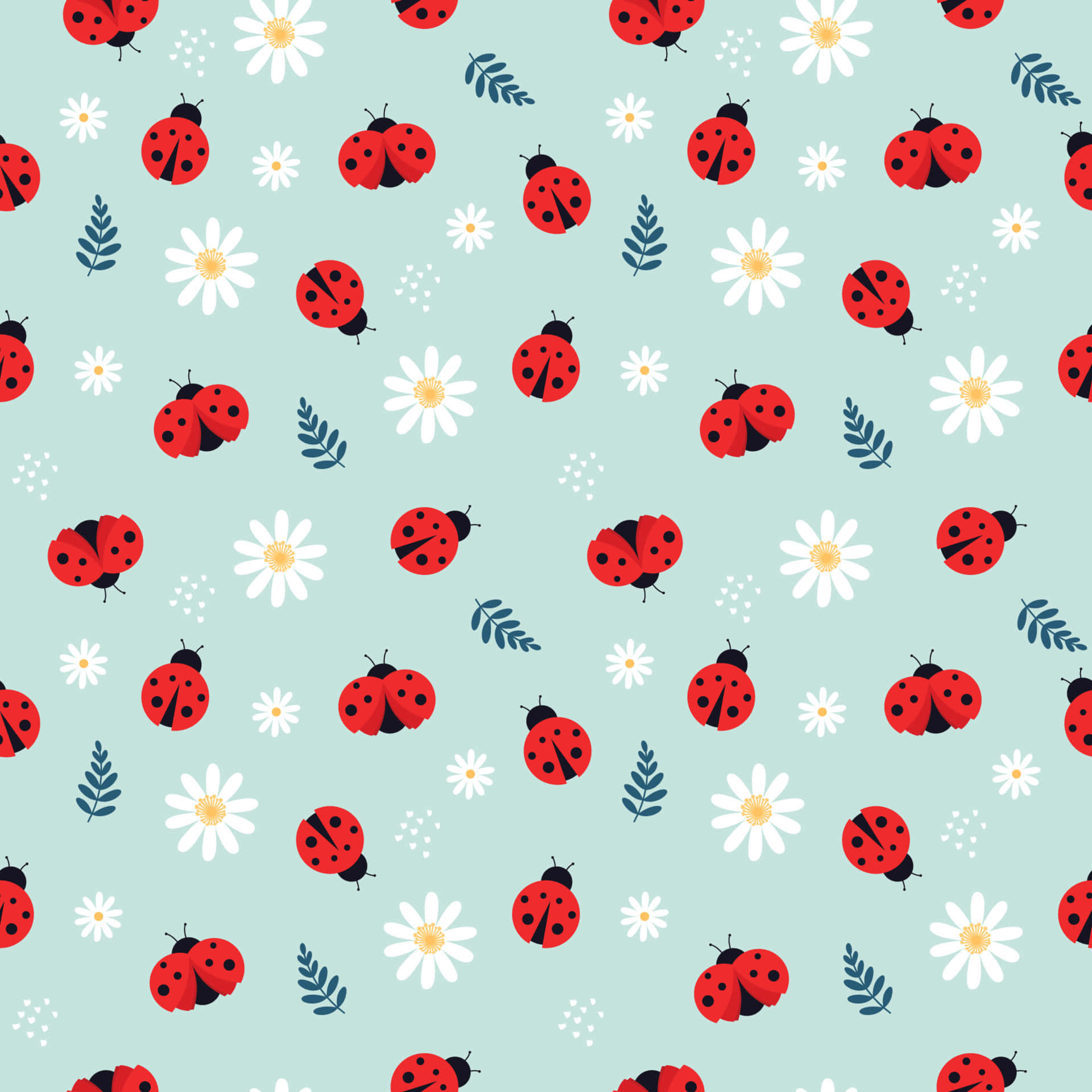 ladybug 桌布 壁紙 — 紅色瓢蟲和帶有綠色葉子的白色雛菊在柔和的薄荷色背景上漂浮，形成一個俏皮的重複圖案。