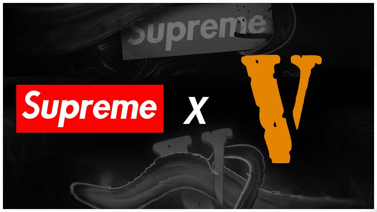 Supreme X VLONE 壁紙 — 紅色盒子中的Supreme標誌和橙色V標誌，背景為帶有煙霧效果的深色抽象背景。