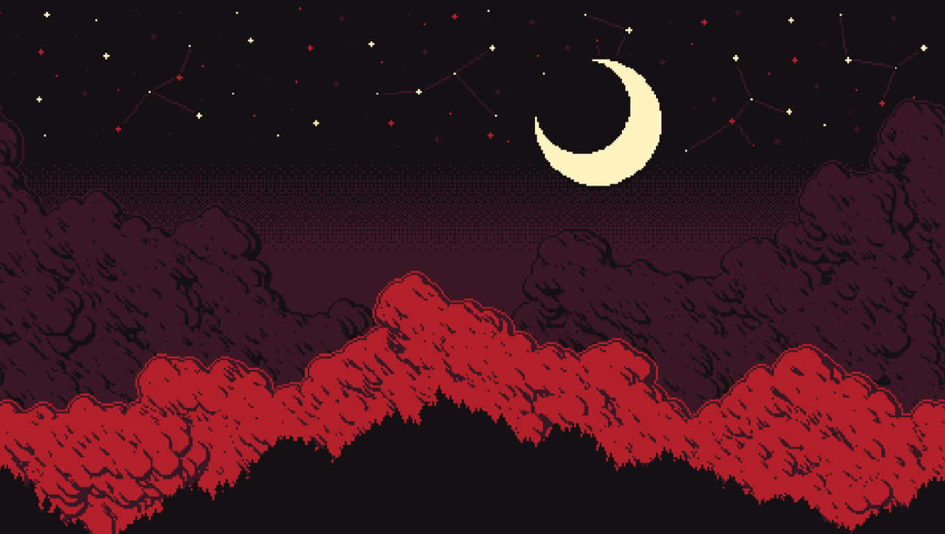 紅色盛放滿開 壁紙 — 像素藝術風格的夜空，新月和星座在鋸齒狀的紅雲和深色樹木剪影之上。