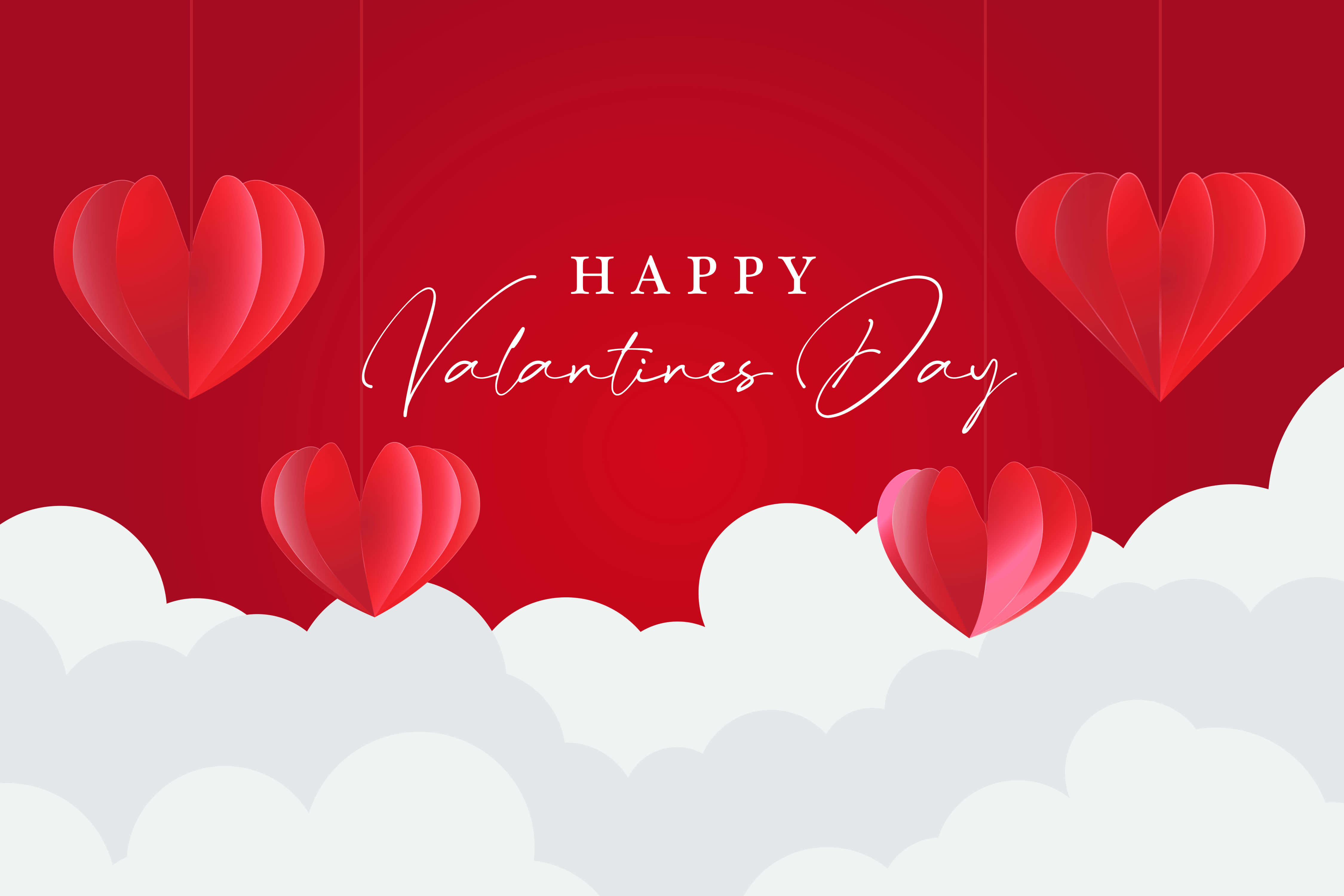 Happy Valentines Day 桌布 壁紙 — 紅色紙心心漂浮在 fluffy 白色雲朵之上，背景為深紅色，並帶有 'Happy Valentine's Day' 文字。