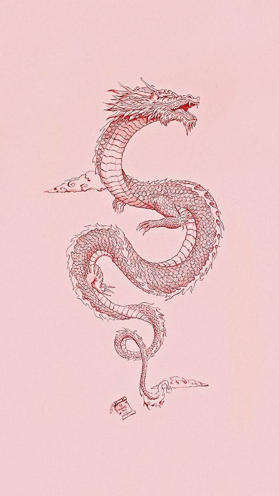 紅色素描日本龍紋身 壁紙 — 一條精細的線條藝術龍在柔和的粉紅色背景上優雅地盤旋，帶有微妙的雲朵點綴。