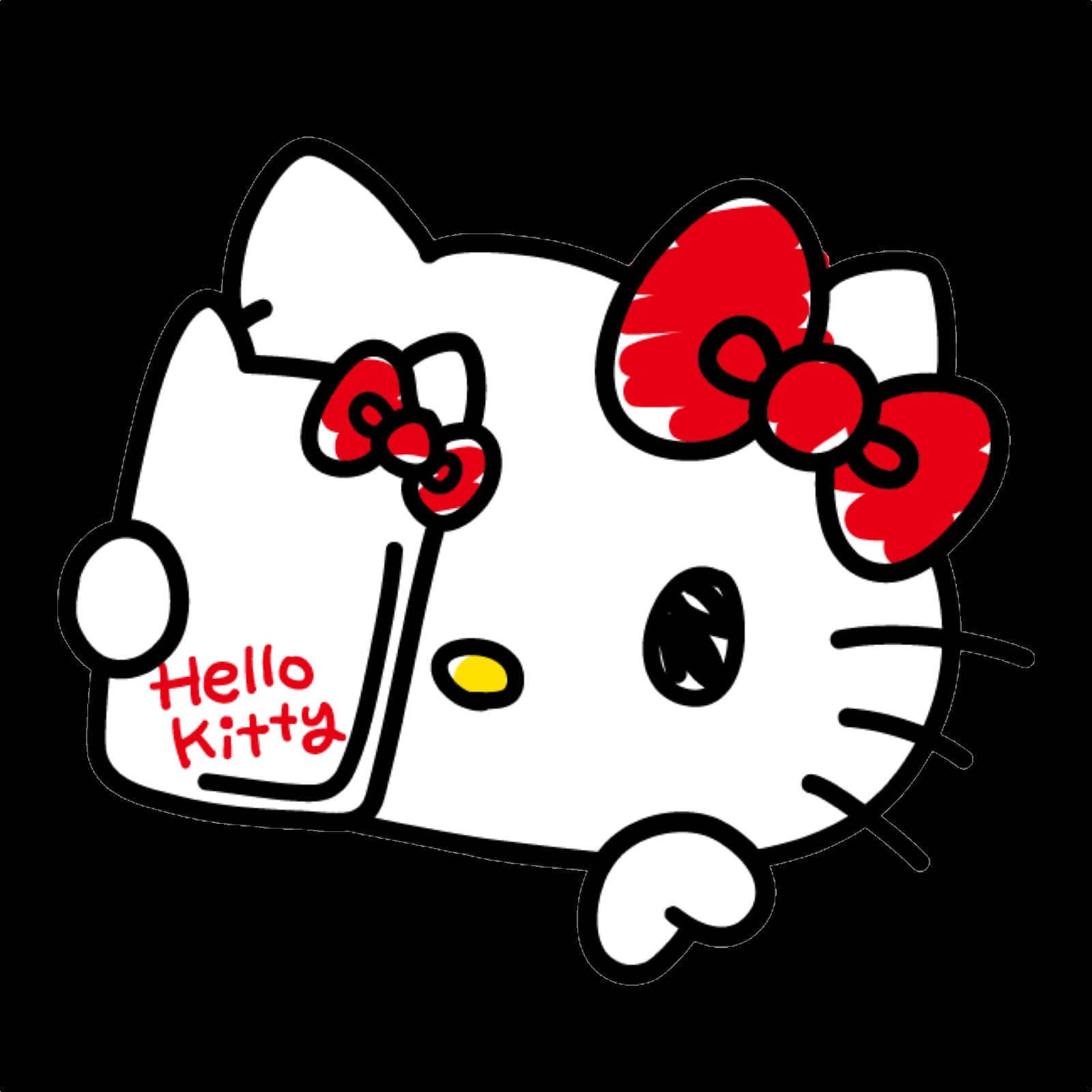 Hello Kitty 卡通角色從黑色背景後探出頭來。