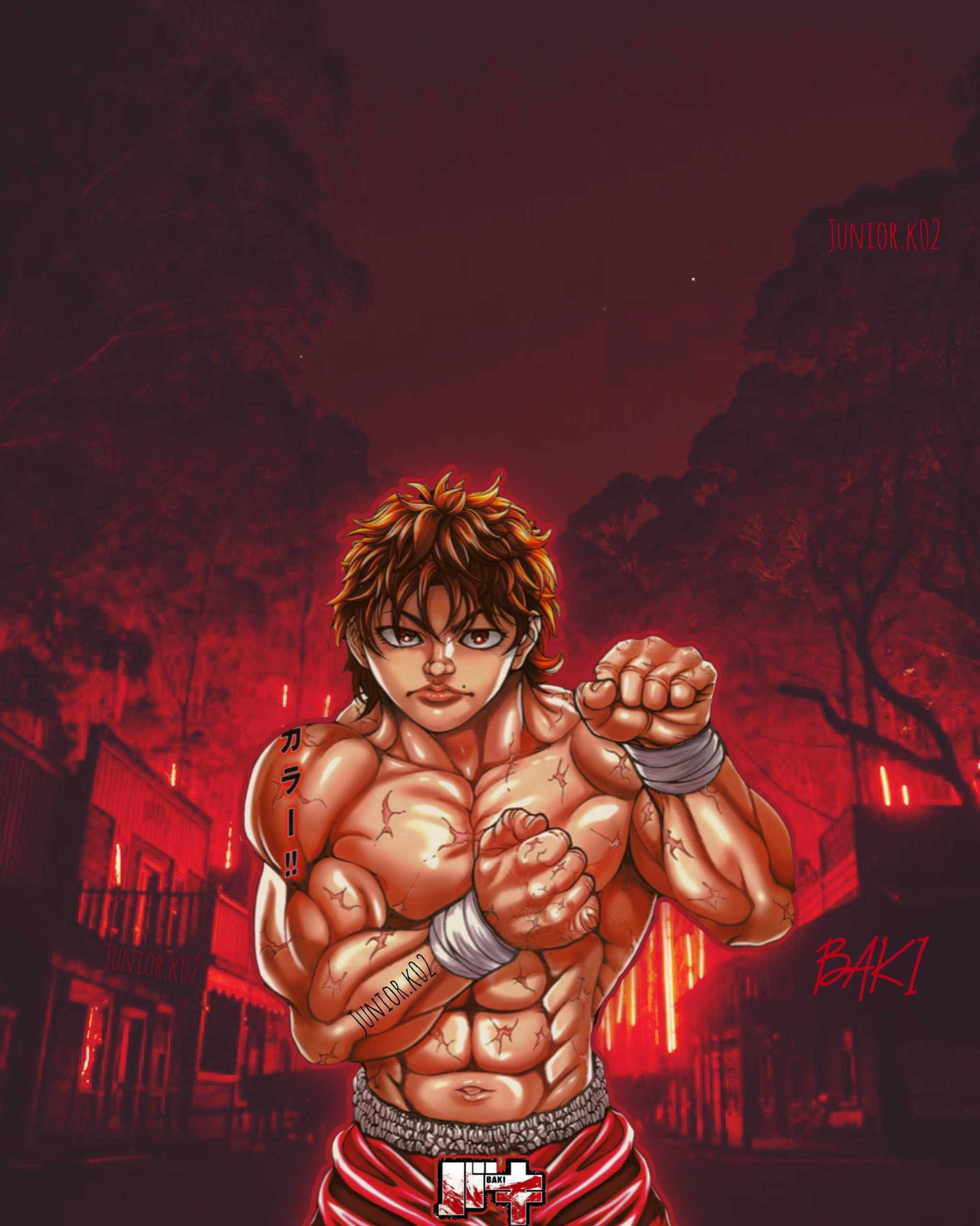 紅色美學巴奇·漢馬 壁紙 — 一個肌肉發達的動漫戰士，身上有紋身，穿著紅色拳擊短褲，挑釁地站在火紅色的城市小巷中。