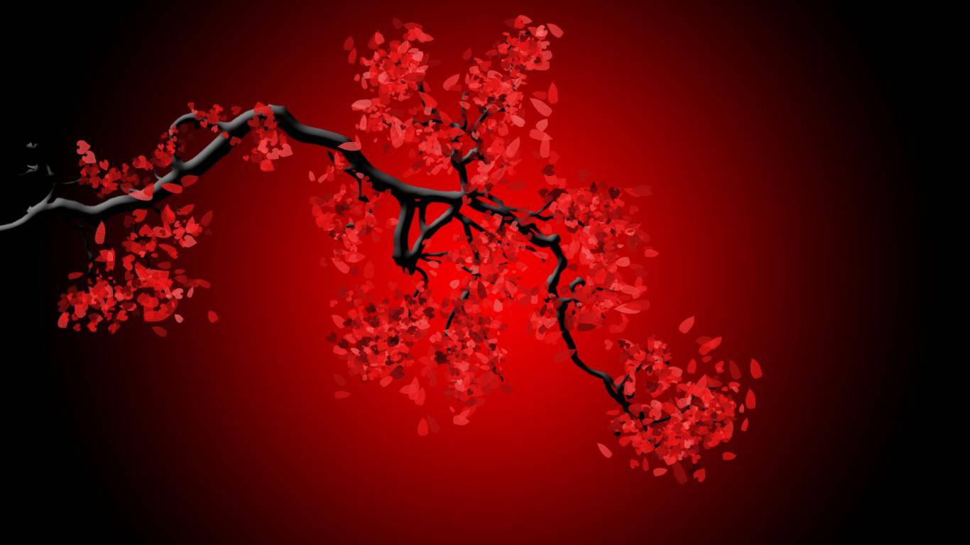 黑色櫻花枝條在紅色到黑色漸變背景上開著紅色花朵。