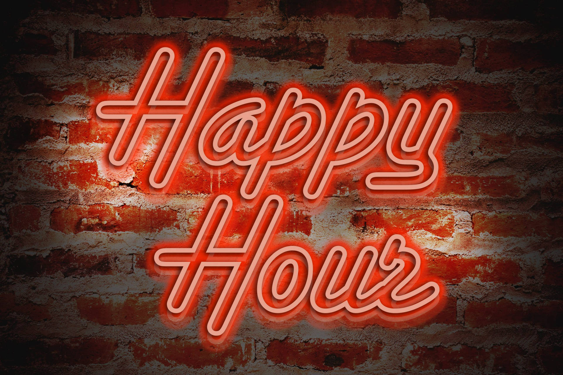 磚牆上寫著 Happy Hour 的紅色霓虹燈牌。