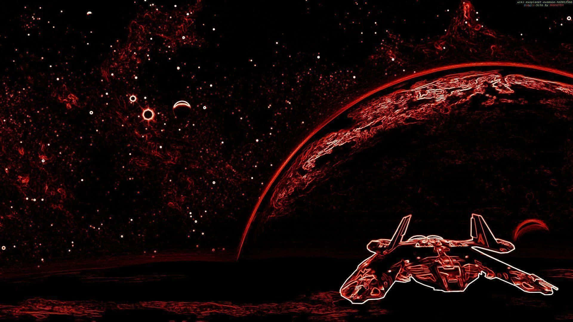紅色美學筆電壁紙：紅色飛船與星際行星 壁紙 — 一艘發光的紅色太空船在一個巨大行星附近飛行，背景是繁星點點的宇宙和旋轉的星雲。