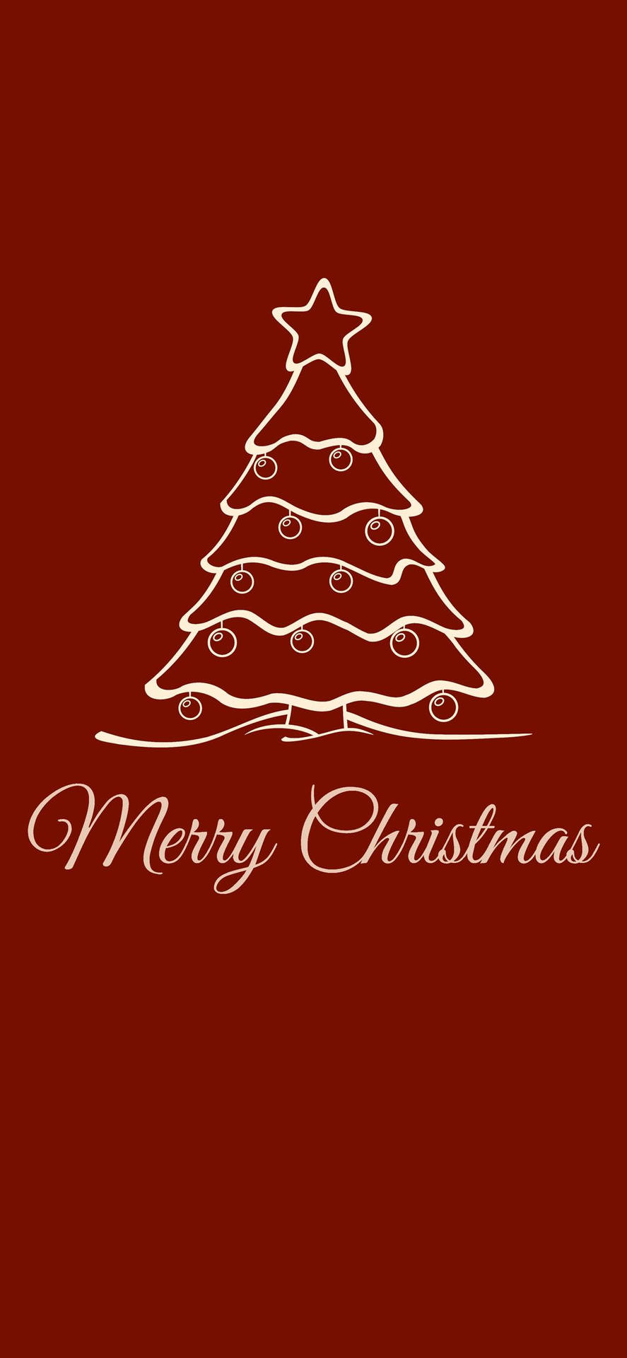 紅色背景上，帶有裝飾和星星的白色線條聖誕樹，並附有「Merry Christmas」文字。