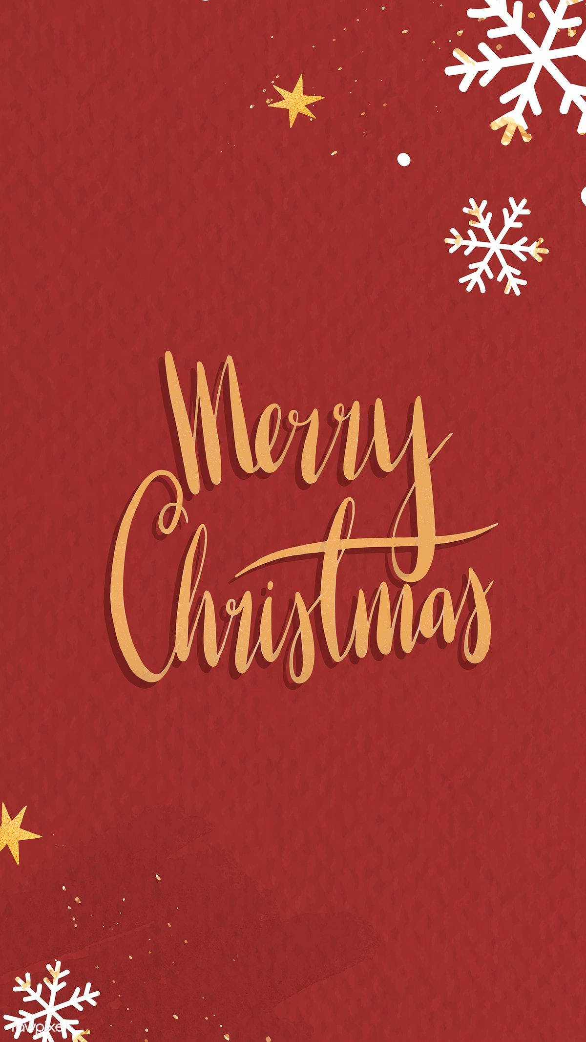 紅色聖誕手機壁紙 壁紙 — 節日紅色牆紙，帶有金色草書Merry Christmas文字、白色雪花和金色星星。