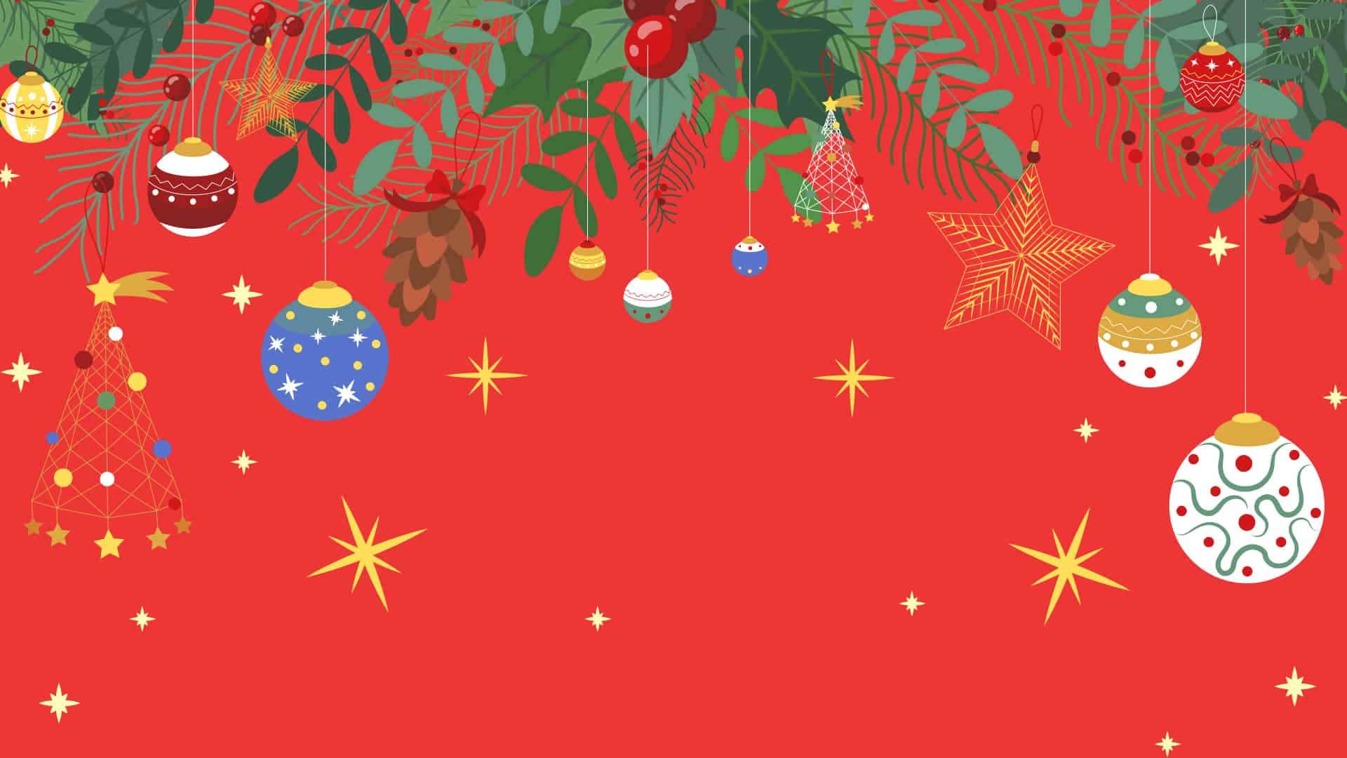 節日聖誕裝飾，包括裝飾品、松果和星星，以紅色背景為襯托。