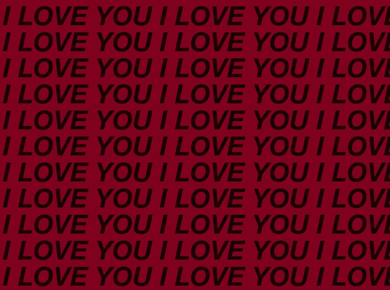 紅色背景 我愛你 壁紙 — 深紅色背景上重複的粗體黑色文字「I LOVE YOU」營造出引人注目的浪漫圖案。