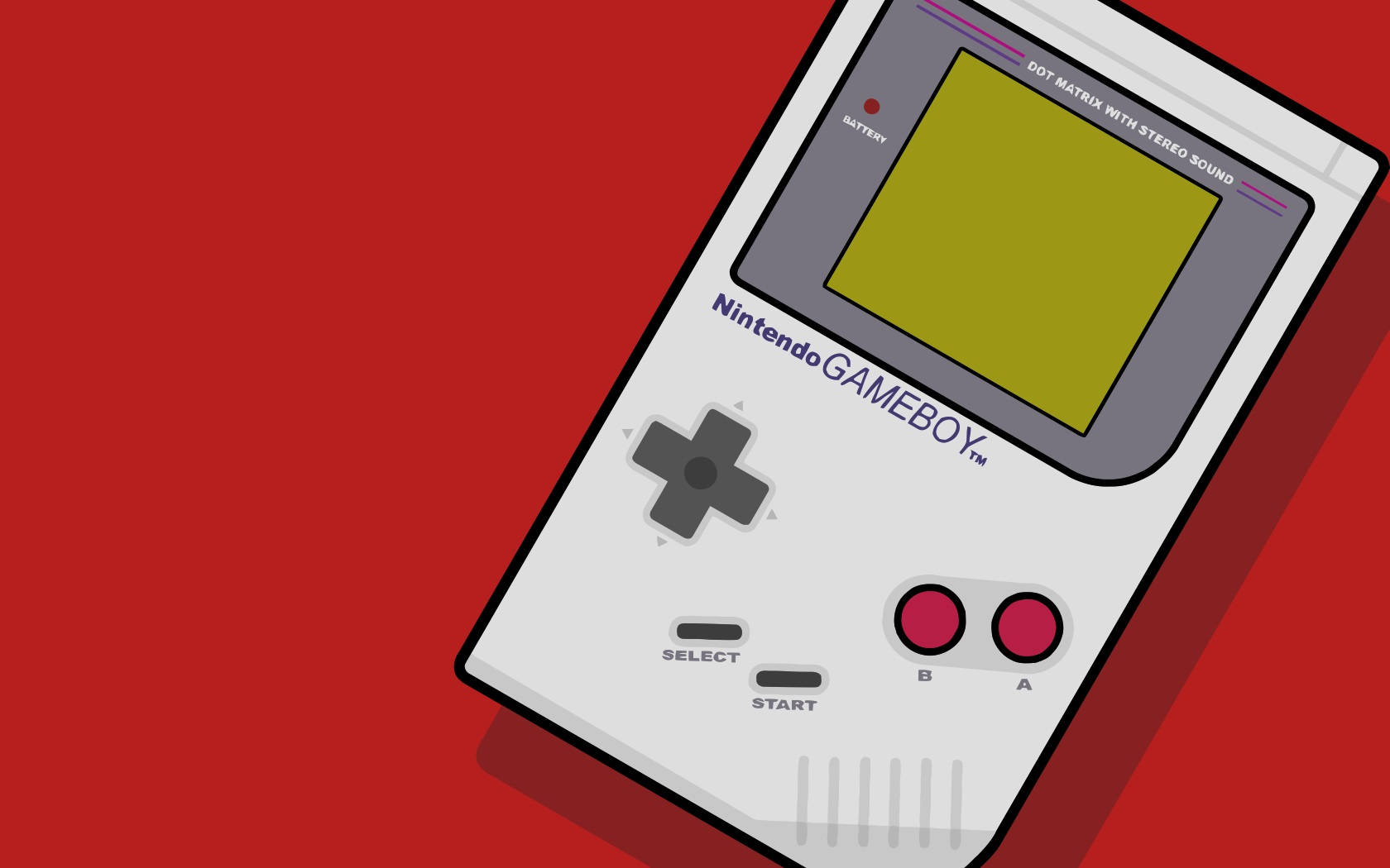 紅色背景上的復古 Game Boy 藝術畫 壁紙 — 經典白色任天堂GameBoy，黃色屏幕，斜放在大膽的紅色背景上。
